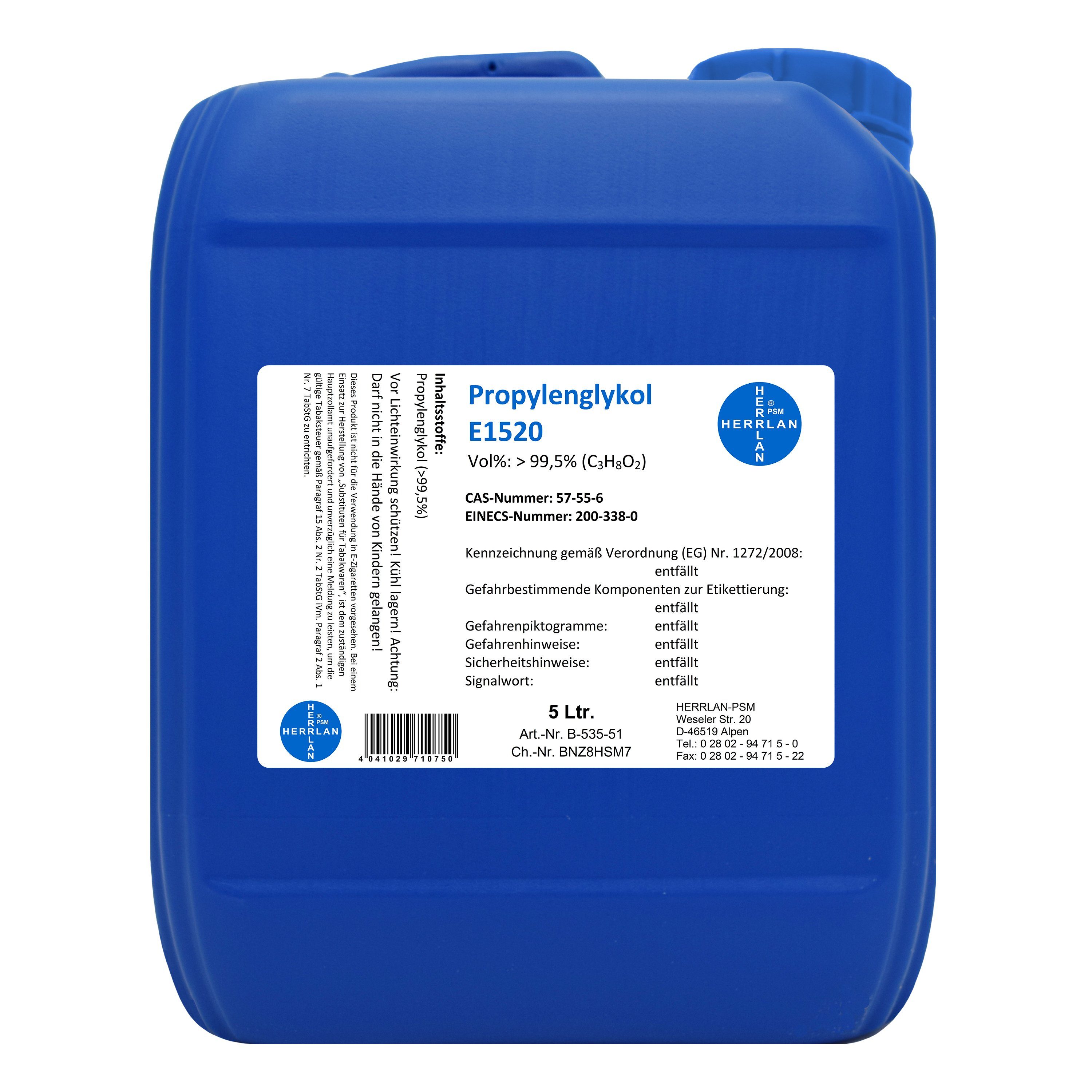 HERRLAN Trinkwasser-Frostschutz Propylenglykol E1520 - 99,5% - Pur PG zum Vorteilspreis, 5 l