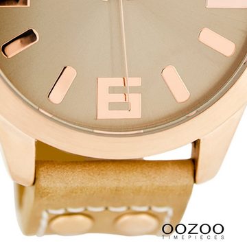 OOZOO Quarzuhr Oozoo Damen Armbanduhr sand, Damenuhr rund, extra groß (ca. 46mm) Lederarmband, Fashion-Style