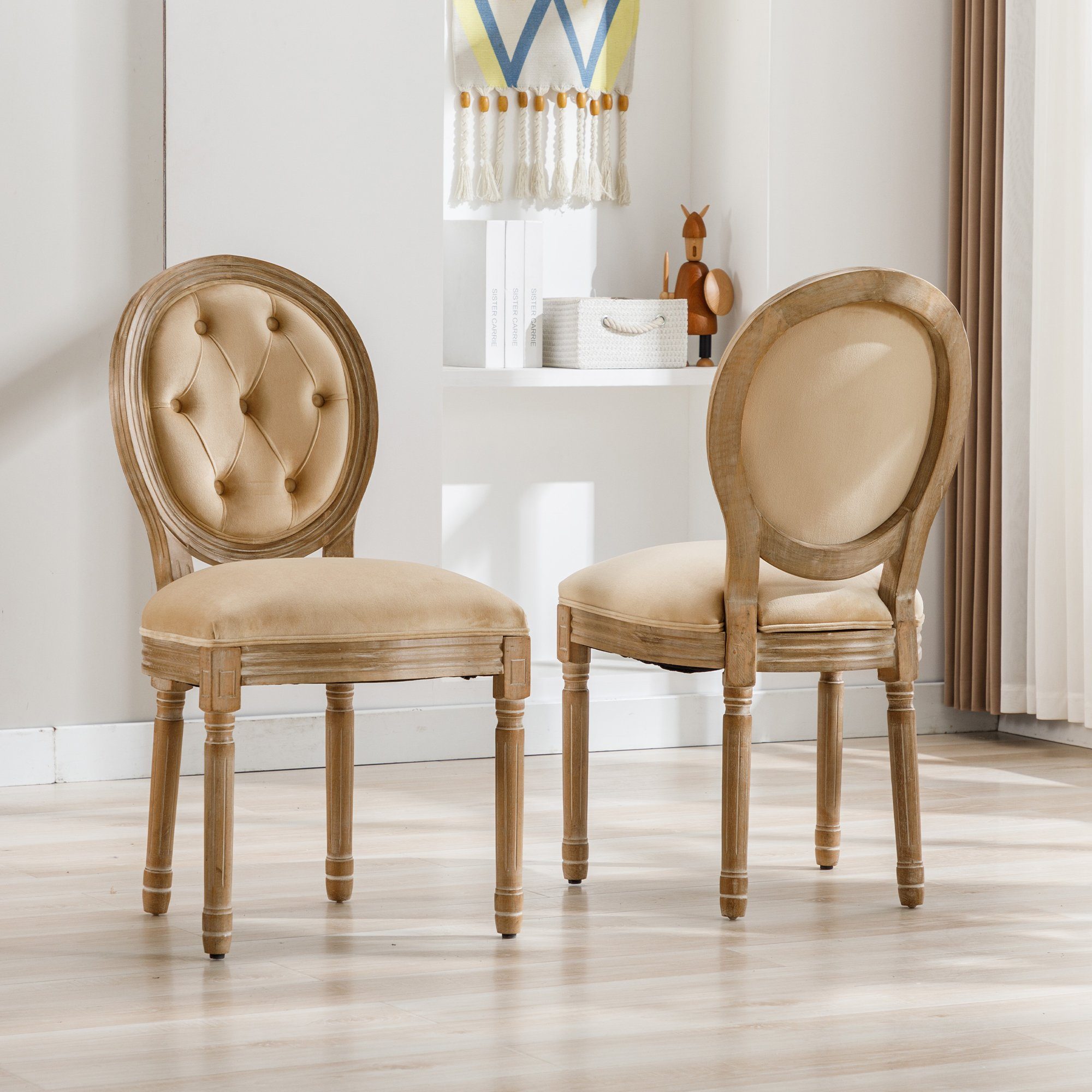 OKWISH Esszimmerstuhl (Beine aus Massivholz, gepolsterte Sitzfläche aus Samt, beige, 2 St)