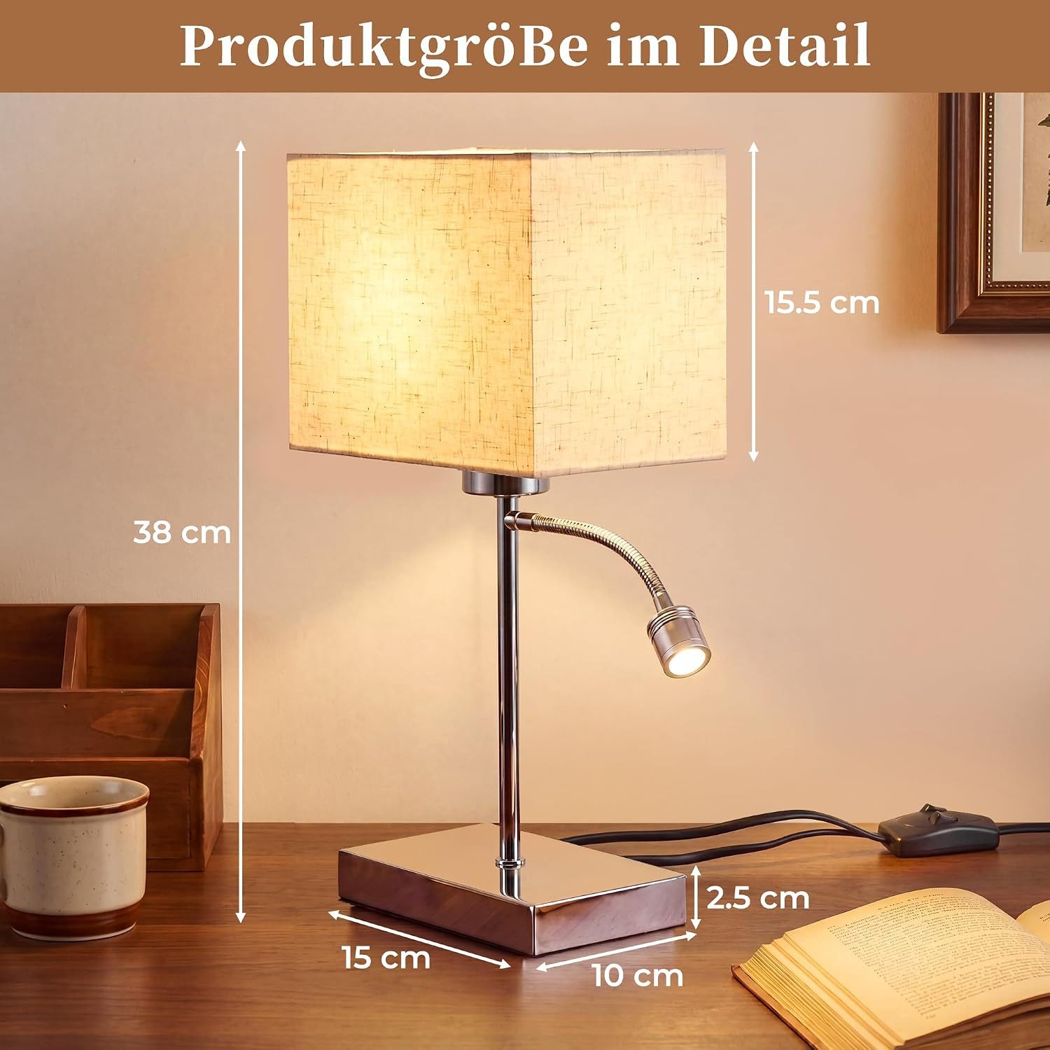 ZMH LED Tischleuchte Nachttischlampe E27 + LED-Leselampe, flexibler Lesearm, 38 cm, Zwei separate Schalter, ohne Leuchtmittel, Warmweiß, Stoffschirm Weiß, Chrom – Bild 3 von 5