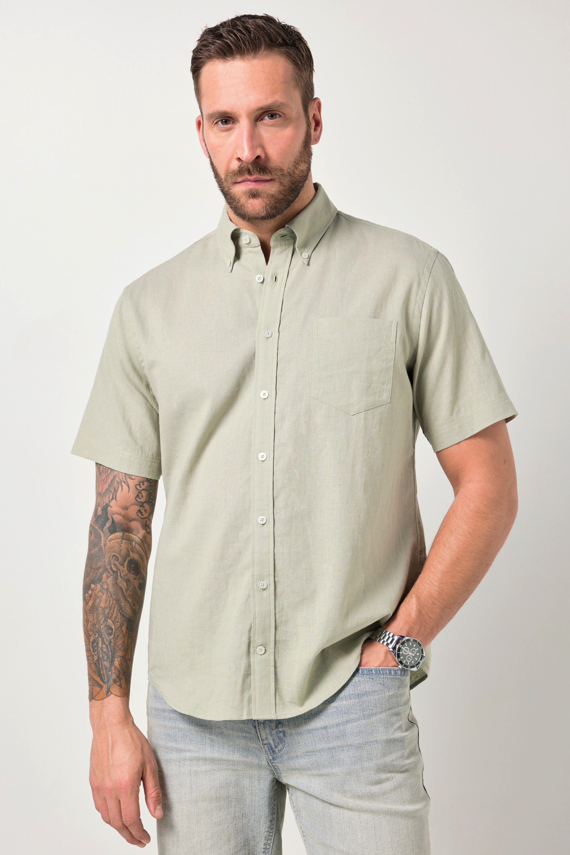 Kurzarmhemd Hemd Halbarm Leinenmix Buttondown-Kragen