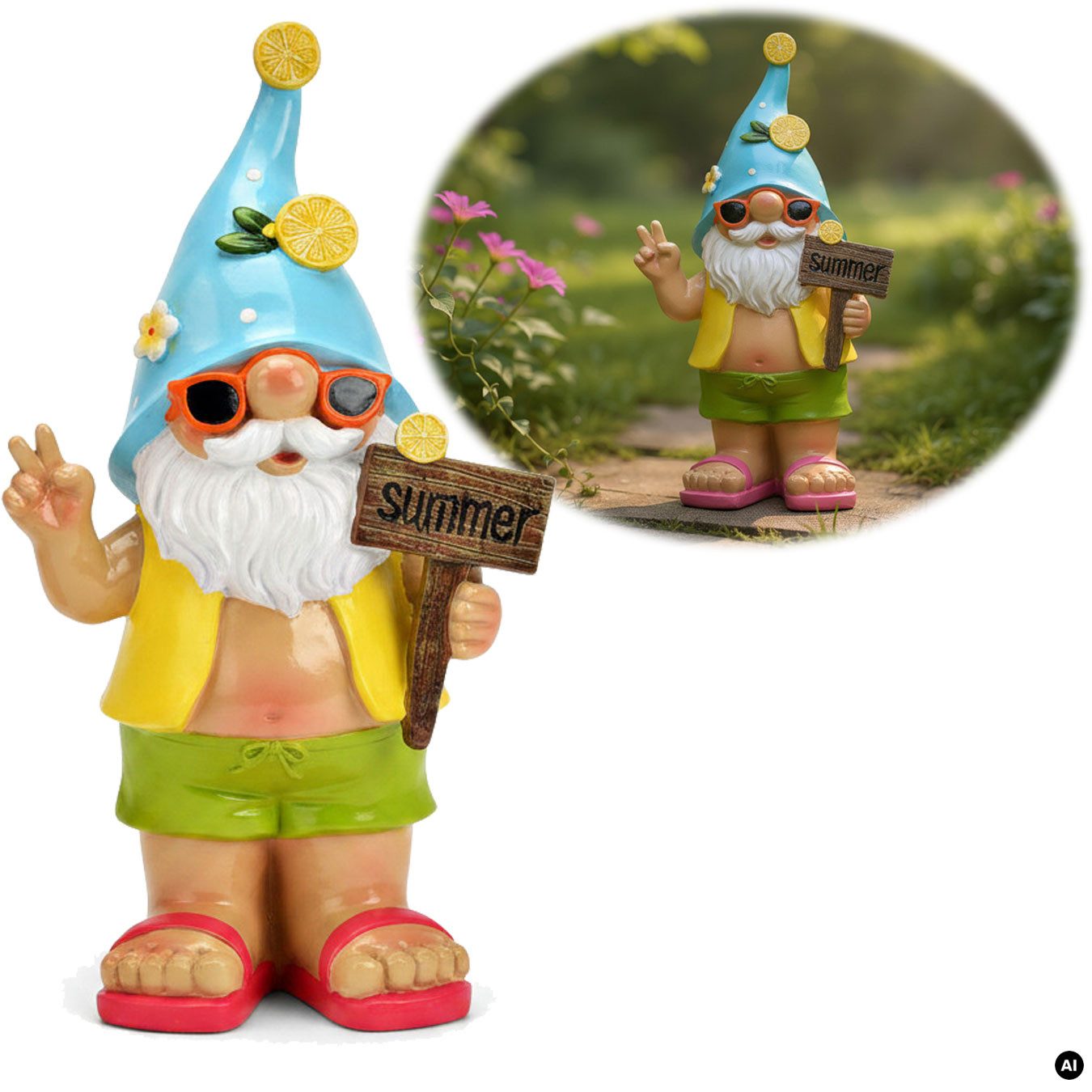 LS-LebenStil Gartenzwerg XL Deko Figur Gartenzwerg Summer 23cm Gnom Zwerg Skulptur Gartenstatue, (1 St), Extra Groß, Objekt Statue, Stehend, Gartenfigur Teich Pool Deko