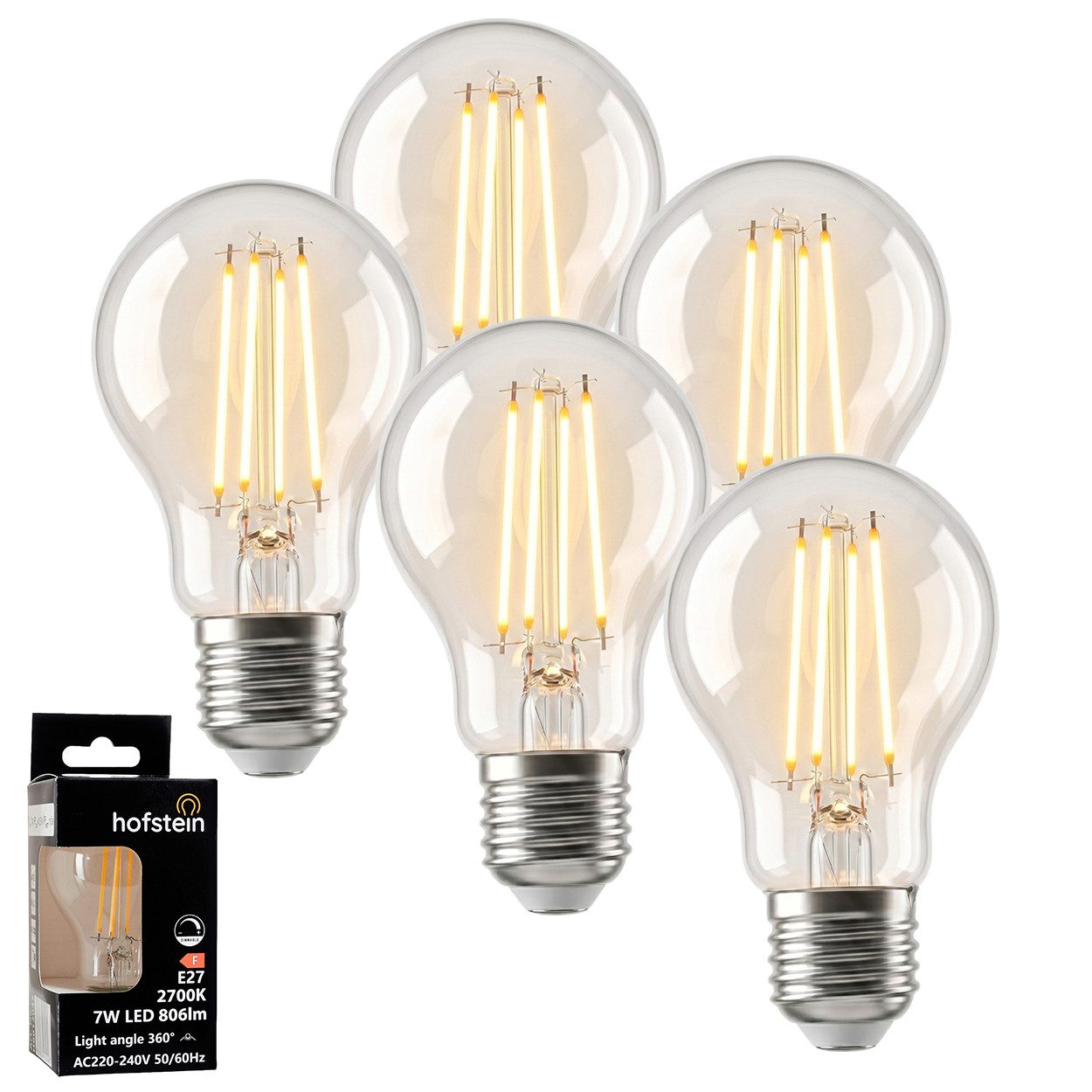 hofstein LED-Leuchtmittel 5er Set Glühbirne Warmweiß dimmbar 7 Watt, E27, 2700 Kelvin, 800 Lumen, Klassisch, Filament, Klar