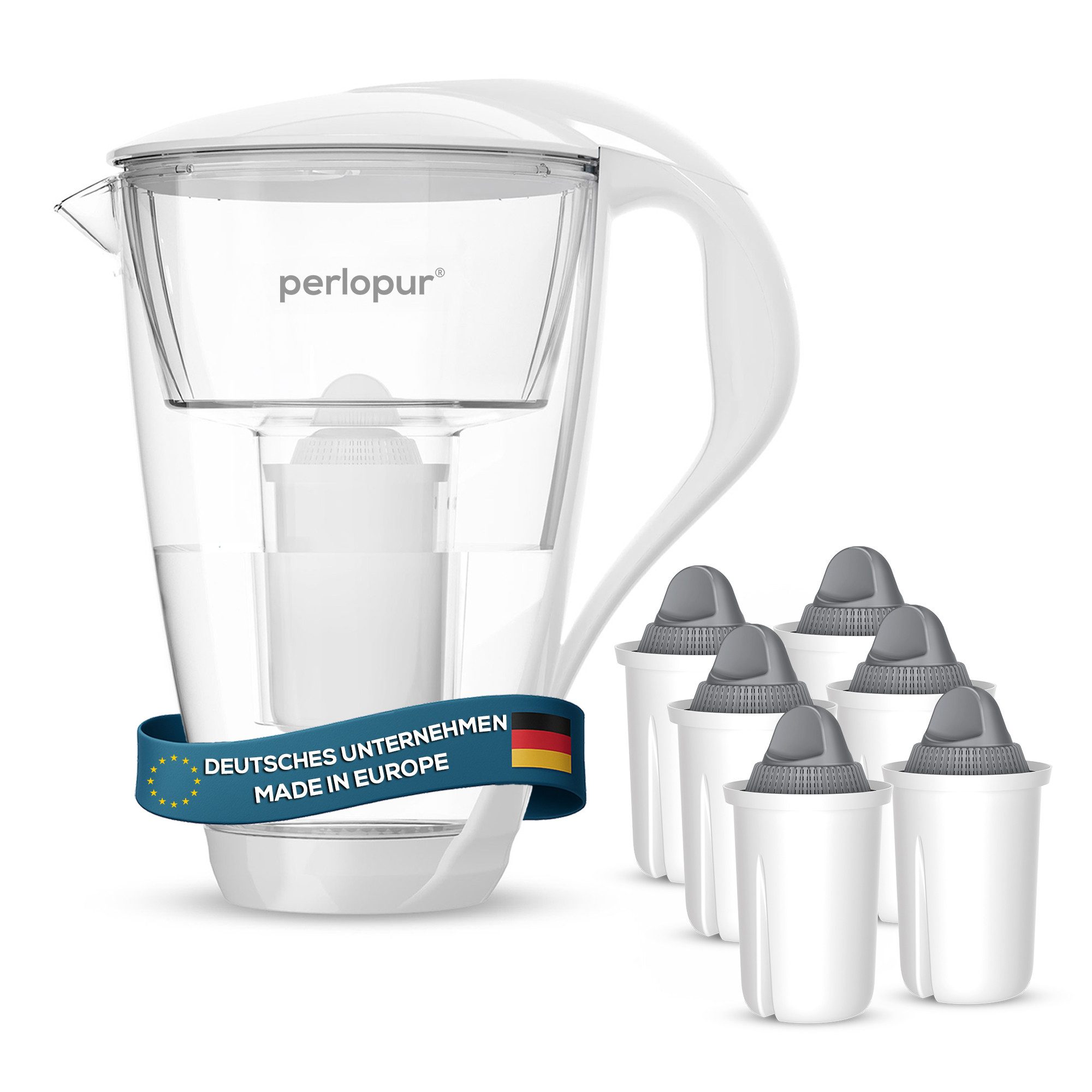 PerloPur Wasserfilter Glas Wasserfilter Weiß Inkl. 6 Protect Plus Filterkartuschen