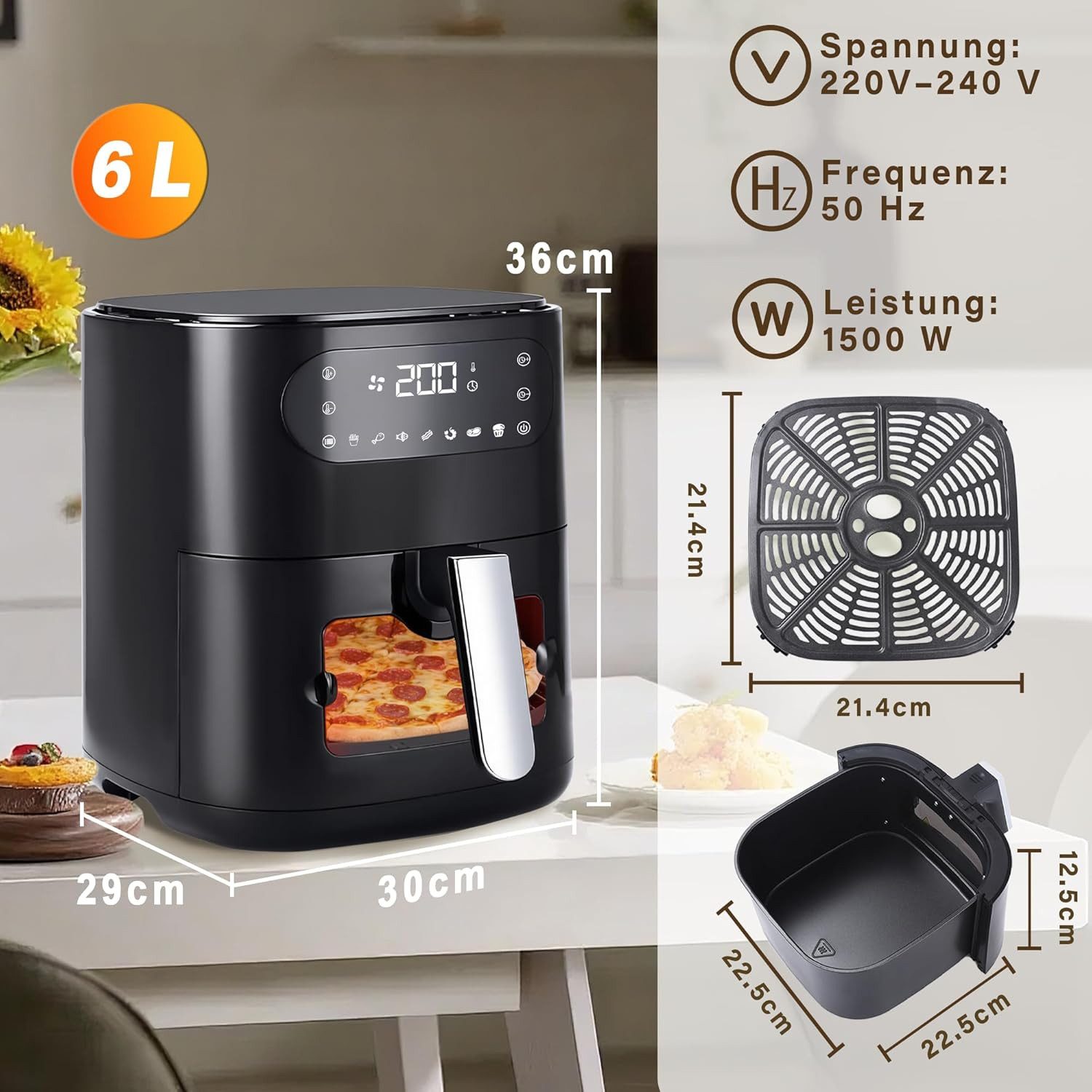 ZMH Heißluftfritteuse 6L Airfryer Einzelkorb Sichtfenster - 7 Garprogramme 11 Funktionen, 1500 W, Temperatur (80–200 °C) und Garzeit (bis zu 60 Minuten)