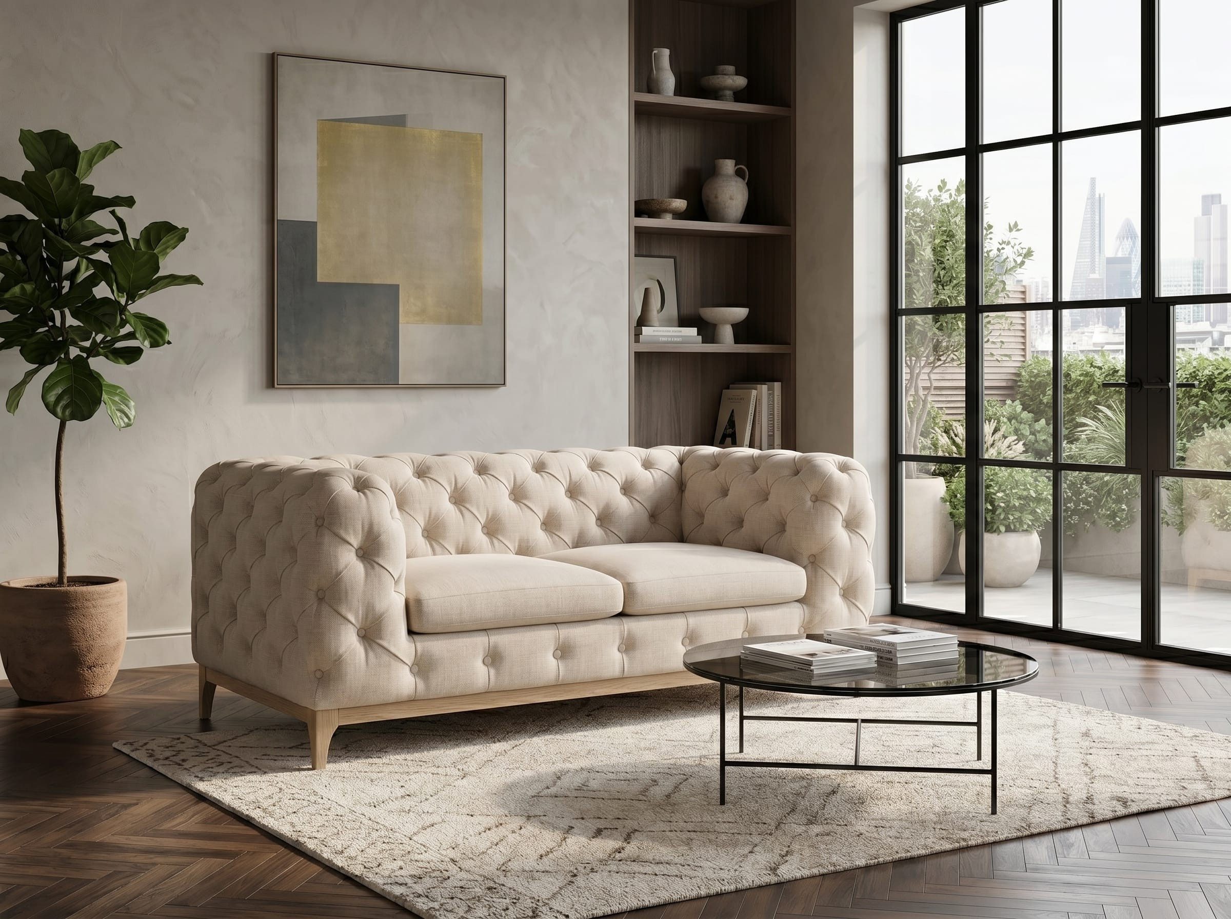 Xlmoebel Chesterfield-Sofa Beiges Chesterfield 2-Sitzer-Sofa mit gestepptem Design für Ihr, 1 Teile, Made in Europa