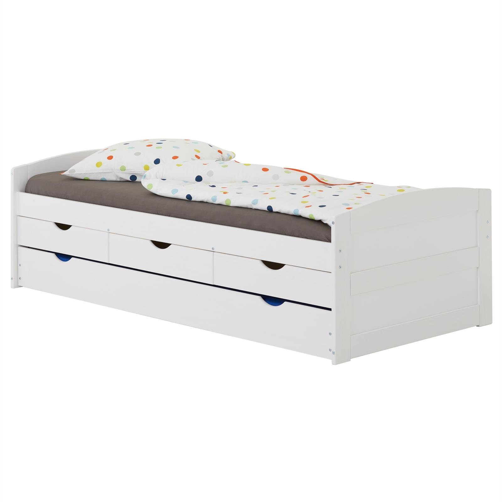 massiv Stauraum Bett IDIMEX JESSY, weiß JESSY mit Funktionsbett Jugendbett, Bett cm 90x200 Kiefer