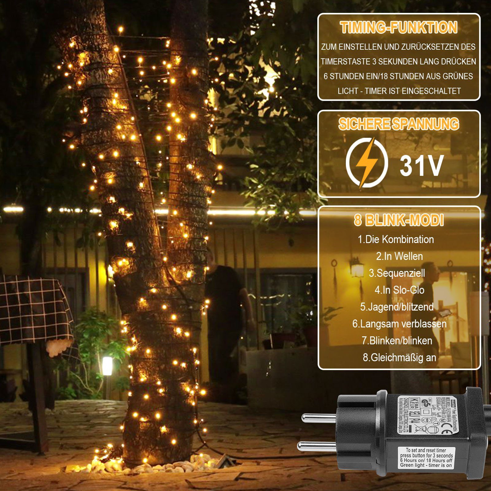 Rosnek LED-Baummantel 20/50/100M 8 Modi LED Lichterkette für Weihnachten Garten Baum, 200-flammig, mit 5M Netzkabel, Timer Speicherfunktion, mit Stecker, 31V DC – Bild 5 von 5