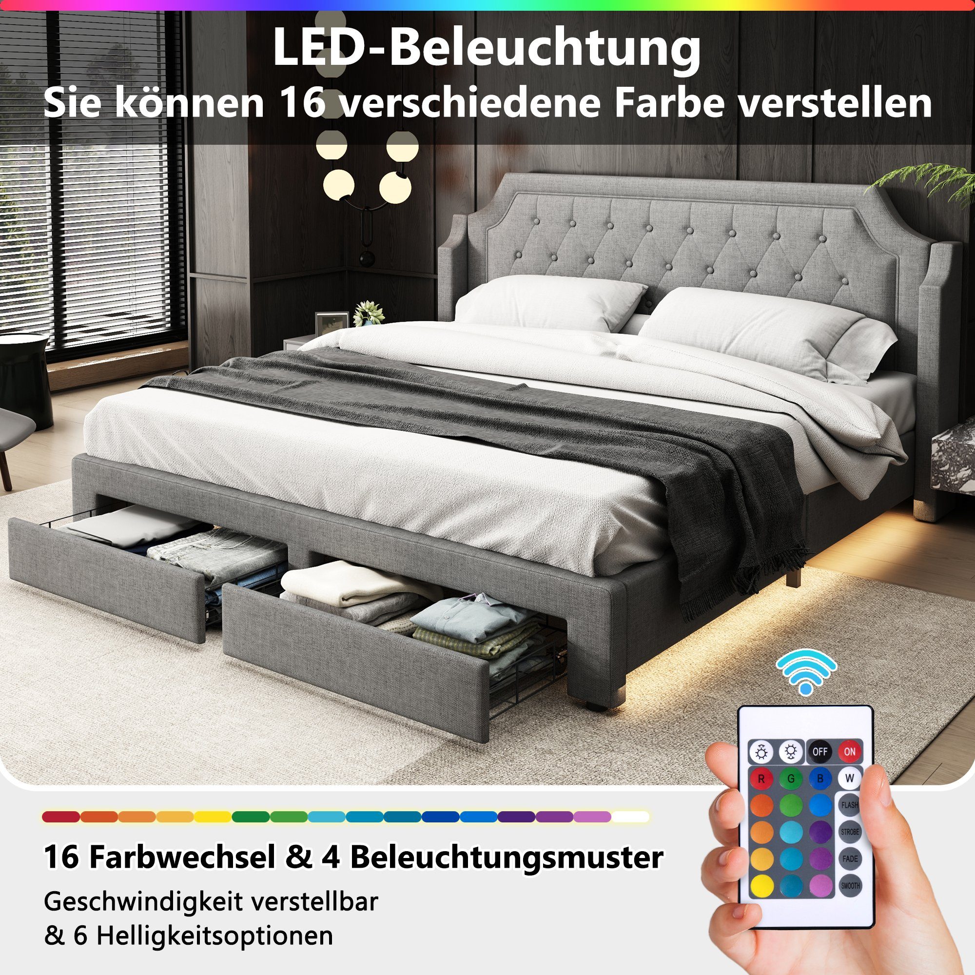 Flieks Polsterbett, LED Beleuchtung Doppelbett Schubladen 2 180x200cm Leinen