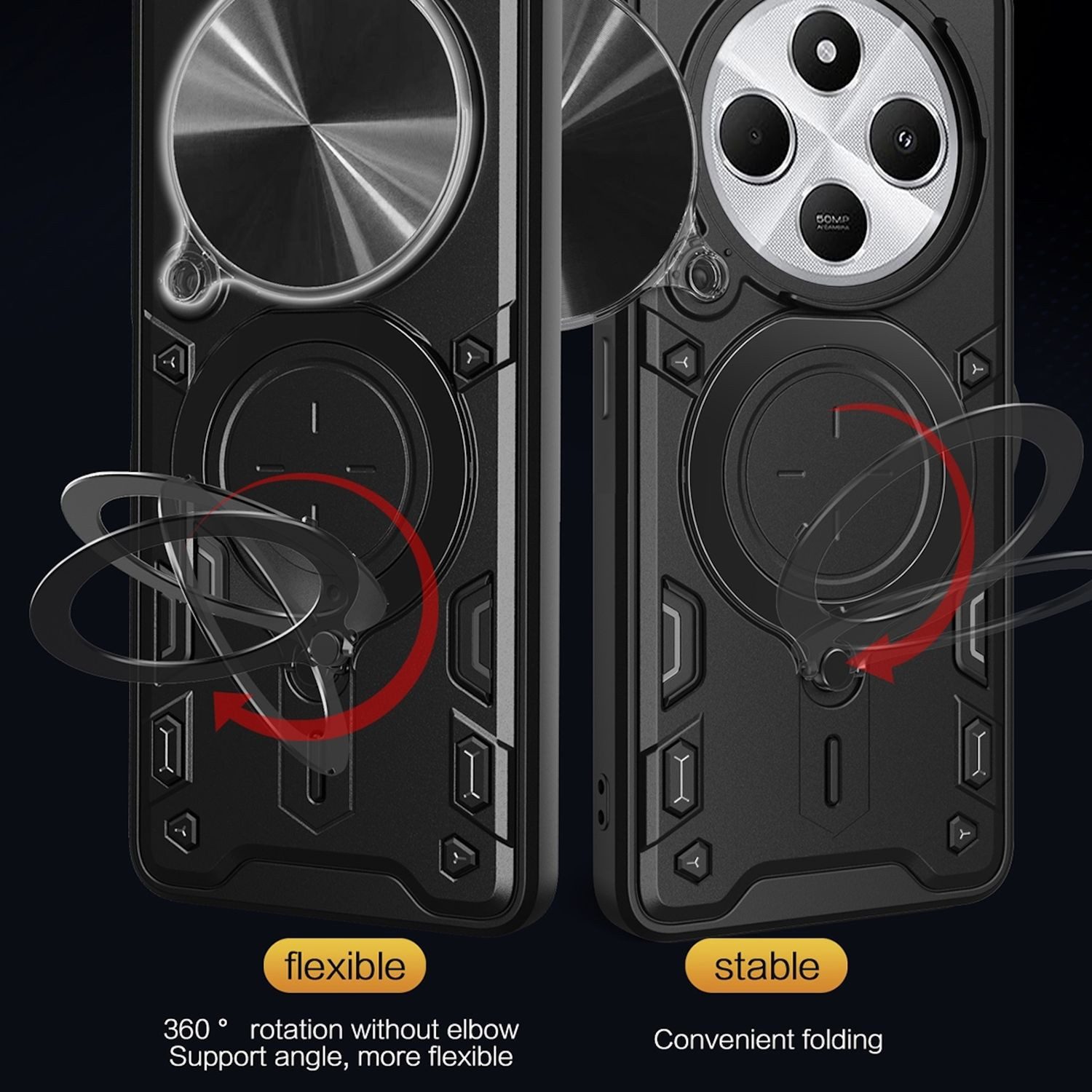 Wigento Handyhülle Für Xiaomi Redmi 14C 4G CD Sliding Kamera Hybrid Ring Hülle Schwarz, CD Texture, Schiebekameraabdeckung, Magnetischer Halter