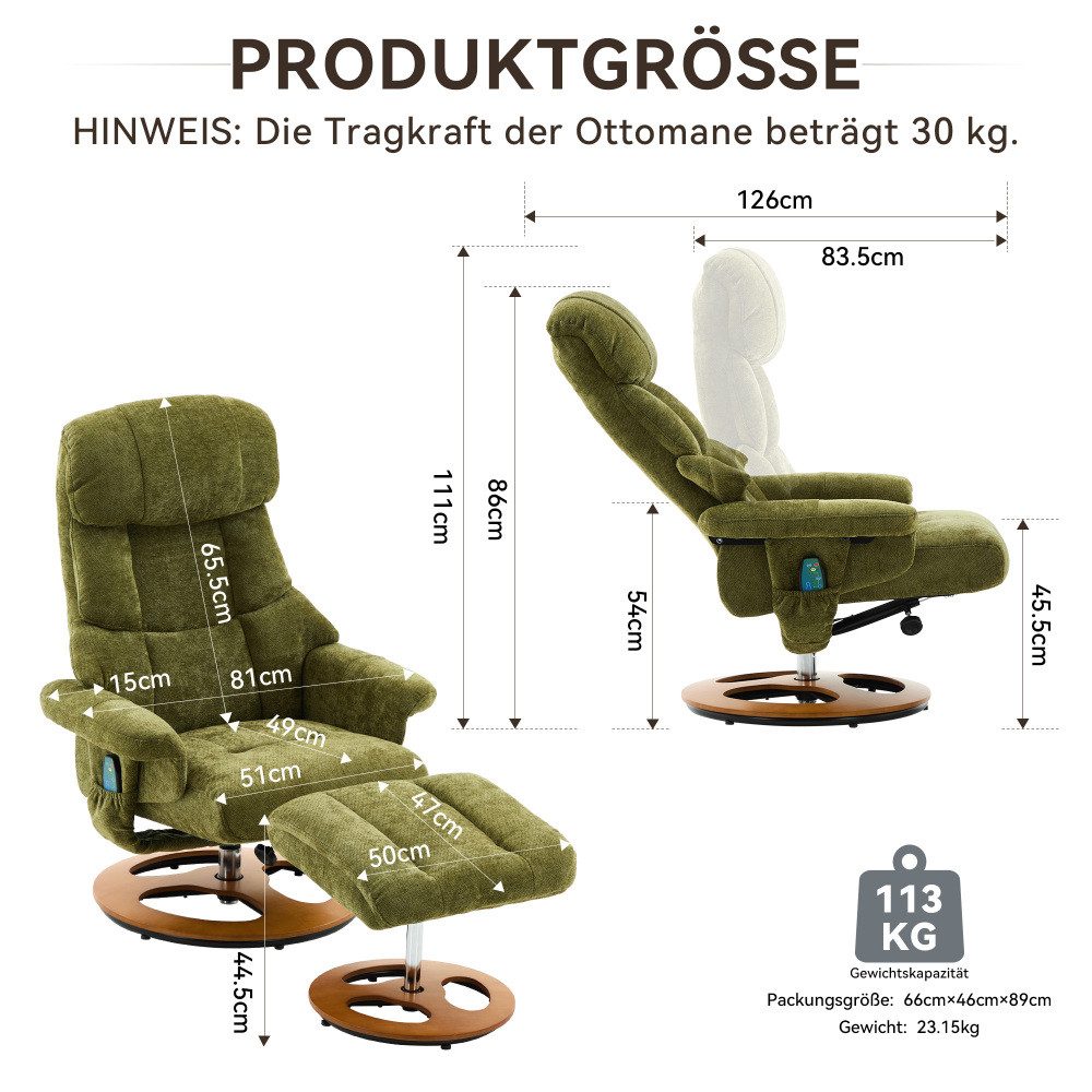 BBWL Massagesessel mit Liegefunktion 360° drehbar Chenille Stoff, Relaxsessel Massage Sessel mit Wärmefunktion und Hocker ergonomischer