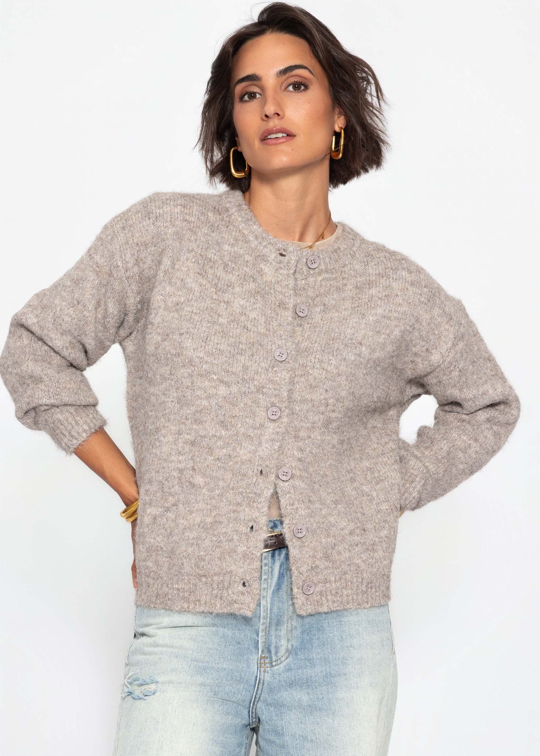 SASSYCLASSY Cardigan Cardigan mit Wollanteil für Damen lockerer Strickjacke mit Rundhalsausschnitt in Taube