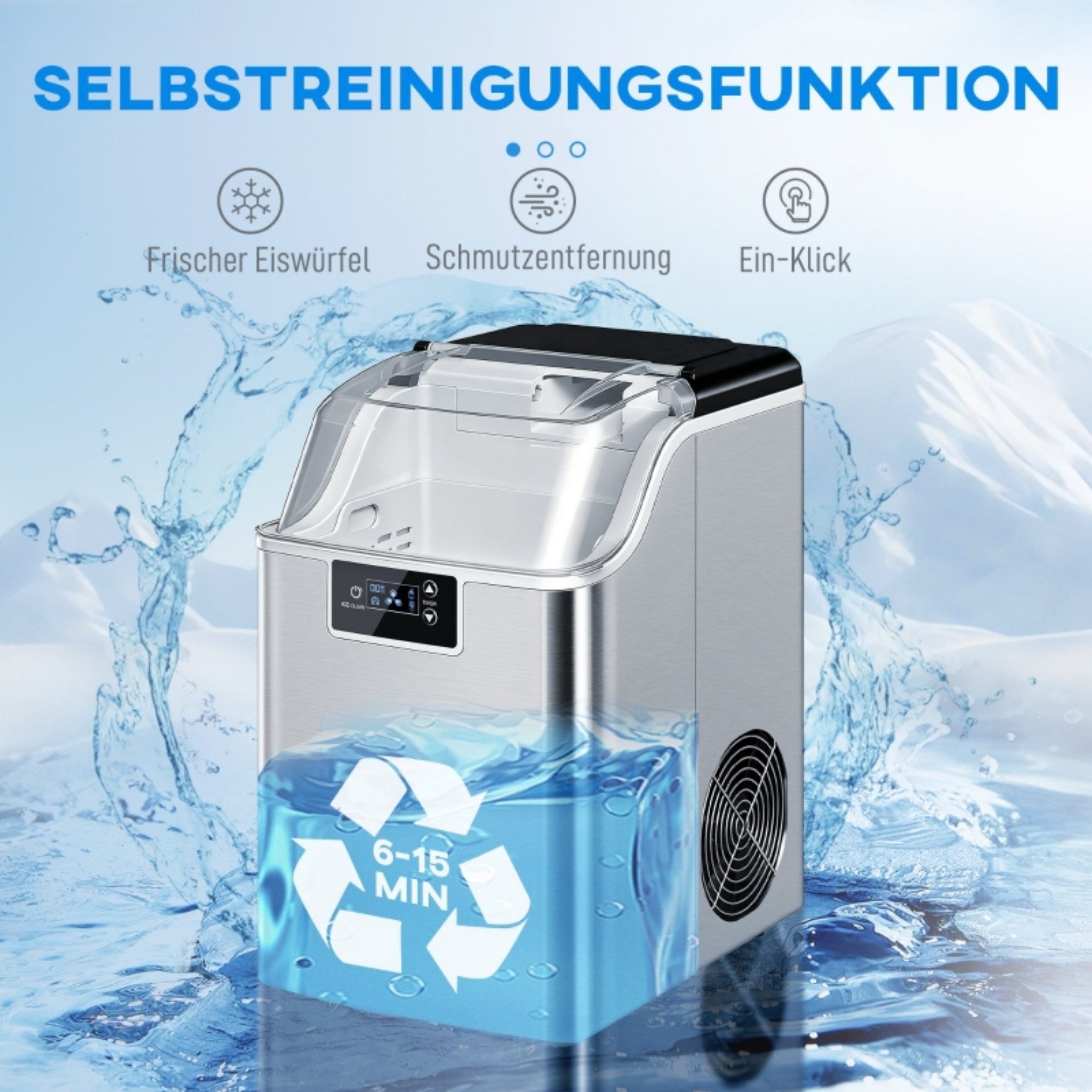 Blossom Eiswürfelmaschine 20kg/24h IceMaker mit 2,1L Wassertank Edelstahlgehäuse Selbstreinigung, tragbar leise Eiswürfelbereiter für Küche & Party, ≤ 46 dB