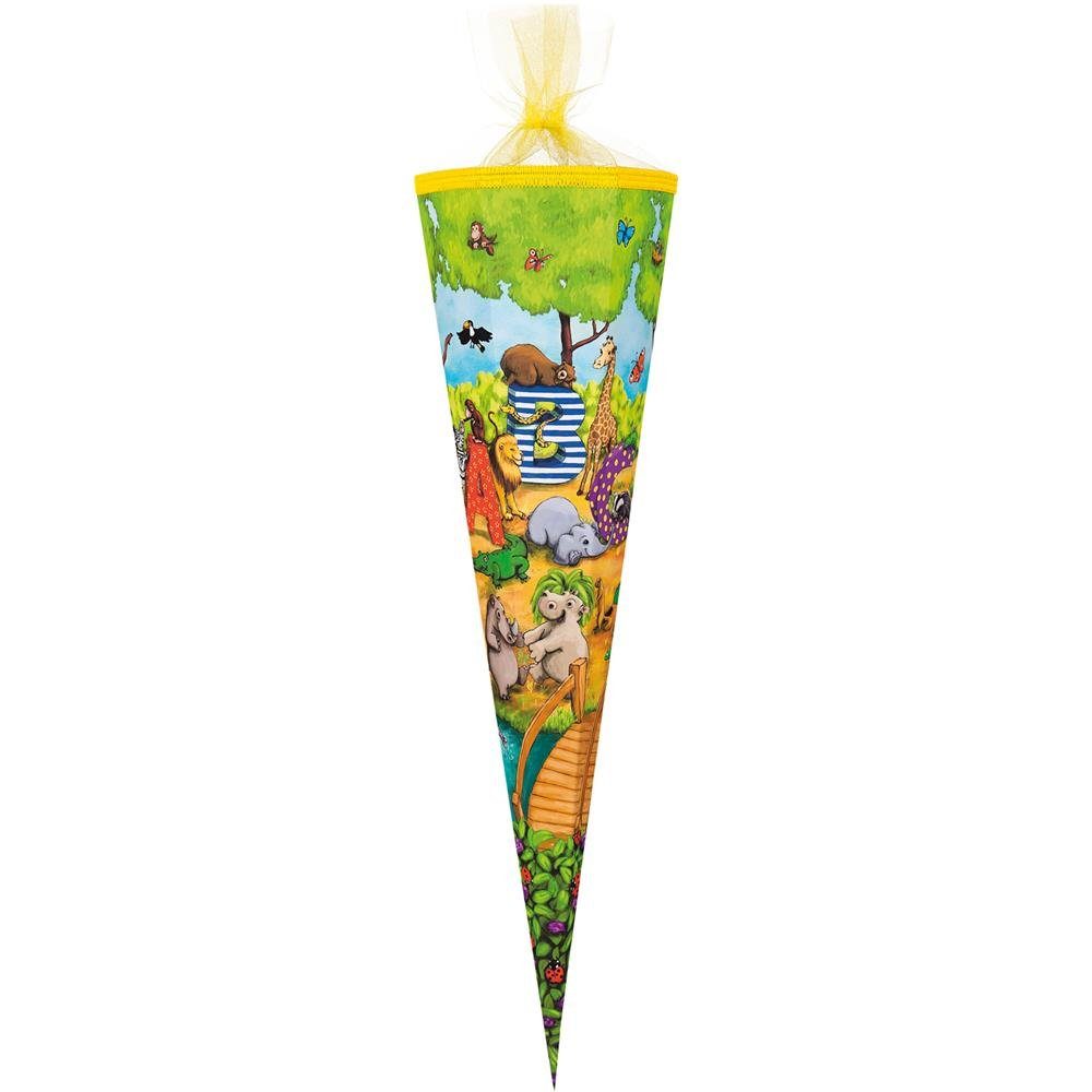 Nestler Schultüte Tier-ABC, 85 cm, eckig, mit gelbem Tüllverschluss