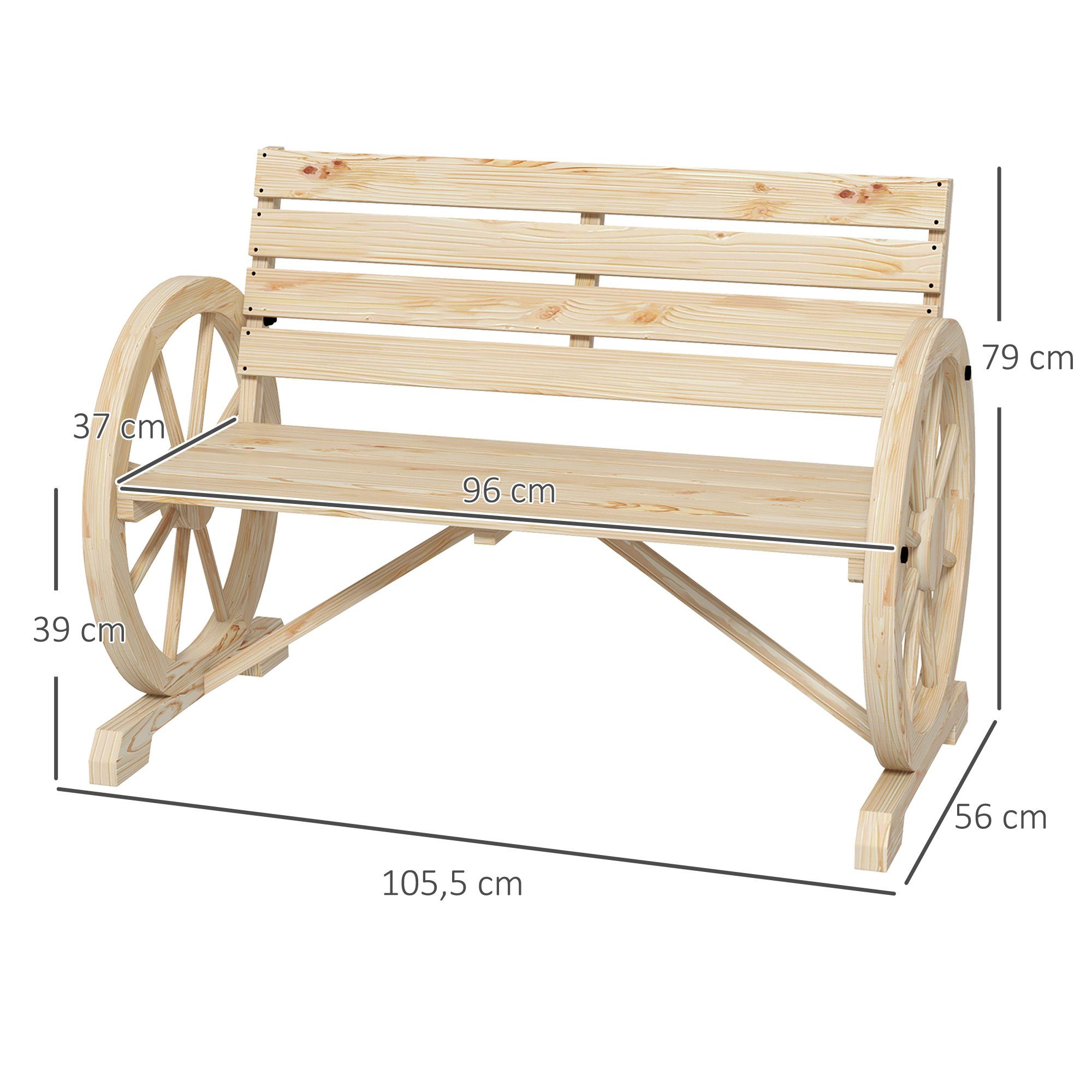 Outsunny Bank Gartenbank 2-Sitzer Parkbank im Wagenrad-Design (Holzbank, 1-St., Sitzbank), bis 240 kg belastbar Tannenholz Naturholz 105,5 x 56 x 79 cm