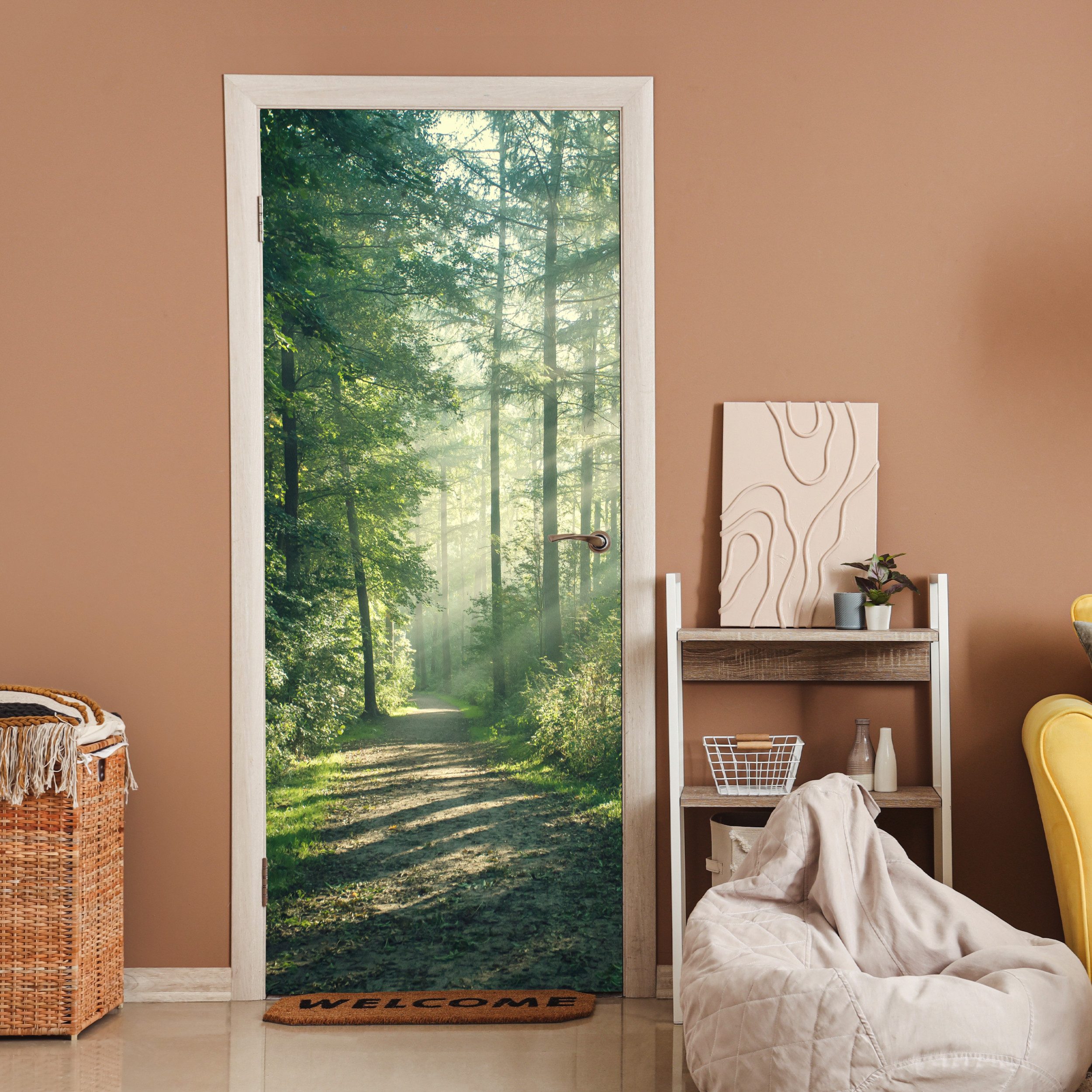 MuchoWow Türtapete Wald - Weg - Sonne - Bäume - Grün - Natur, Matt, bedruckt, (1 St), Selbstklebende Tapete, Folie für Möbel, 70x215 cm
