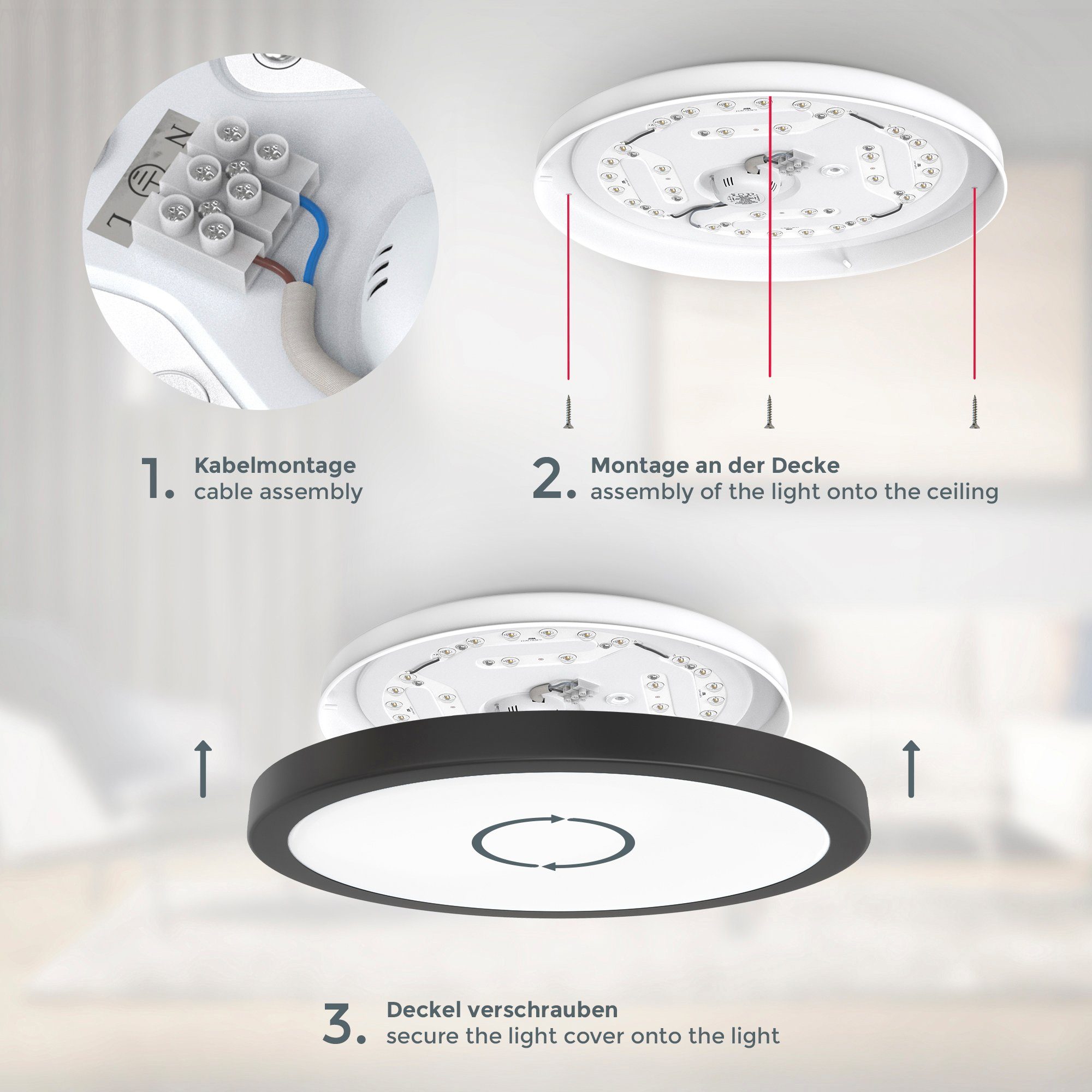 Küchenlampe, Licht, 3.000 BK_DL1539 Ø38 4.000K Deckenlampe, LED cm, Schwarz fest LED 24W, integriert, LED neutralweißes Deckenleuchte B.K.Licht Neutralweiß, Lm,