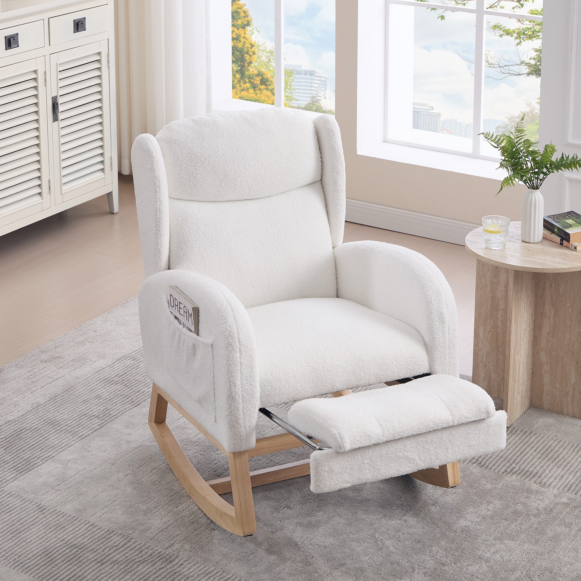MODFU Schaukelstuhl Lounge-Sessel im modernen Design (mit Teddy-Stoff, verstellbare Fußstütze & Holzgestell)
