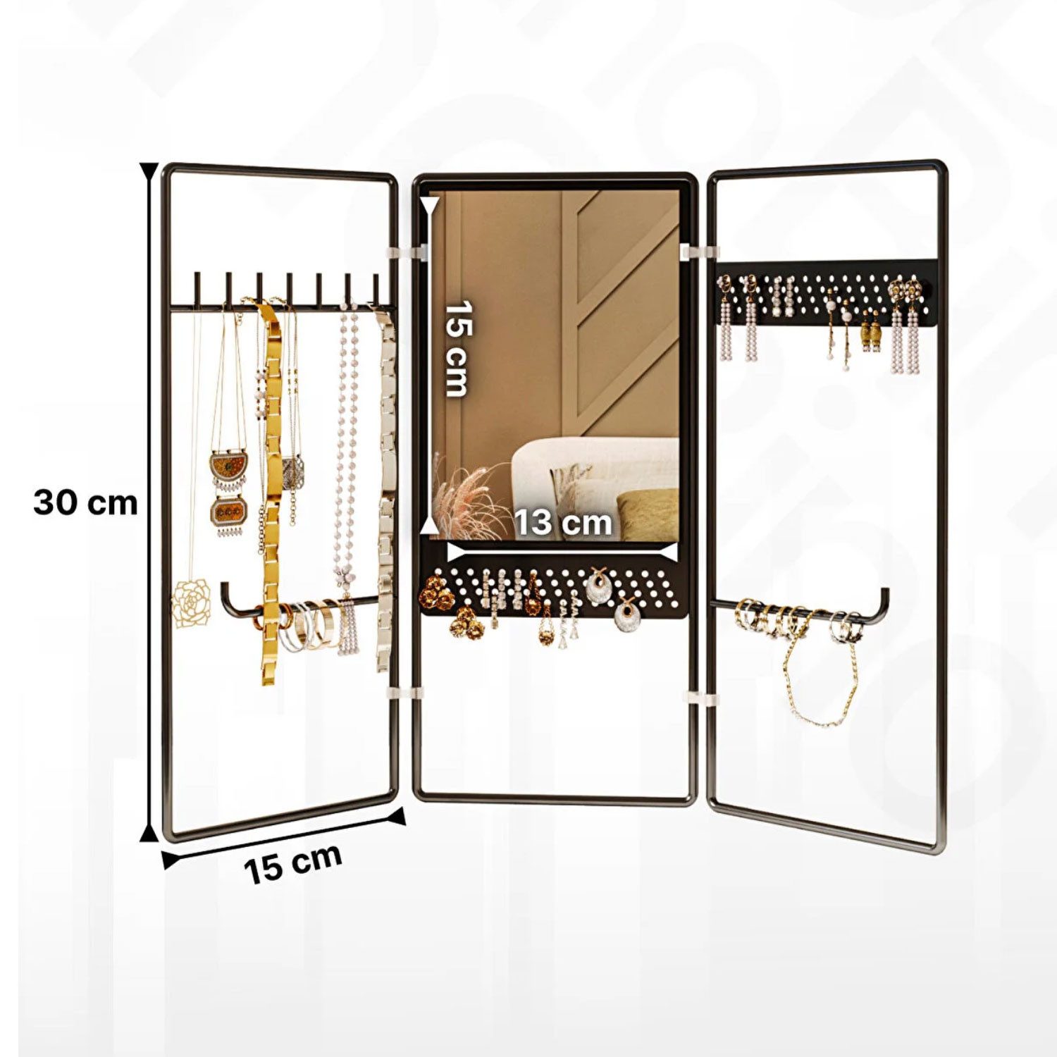 Jungengel Schmuckregal Luxus Schmuckständer Schmuckorganizer Spiegel Organizer Schmuck NEU, Design: Modern, stilvoll, ergänzt die Wohnkultur 1-tlg., Modern, 30x45x15cm, 120 Löcher für Ohrringe, 6 Haken für Ketten