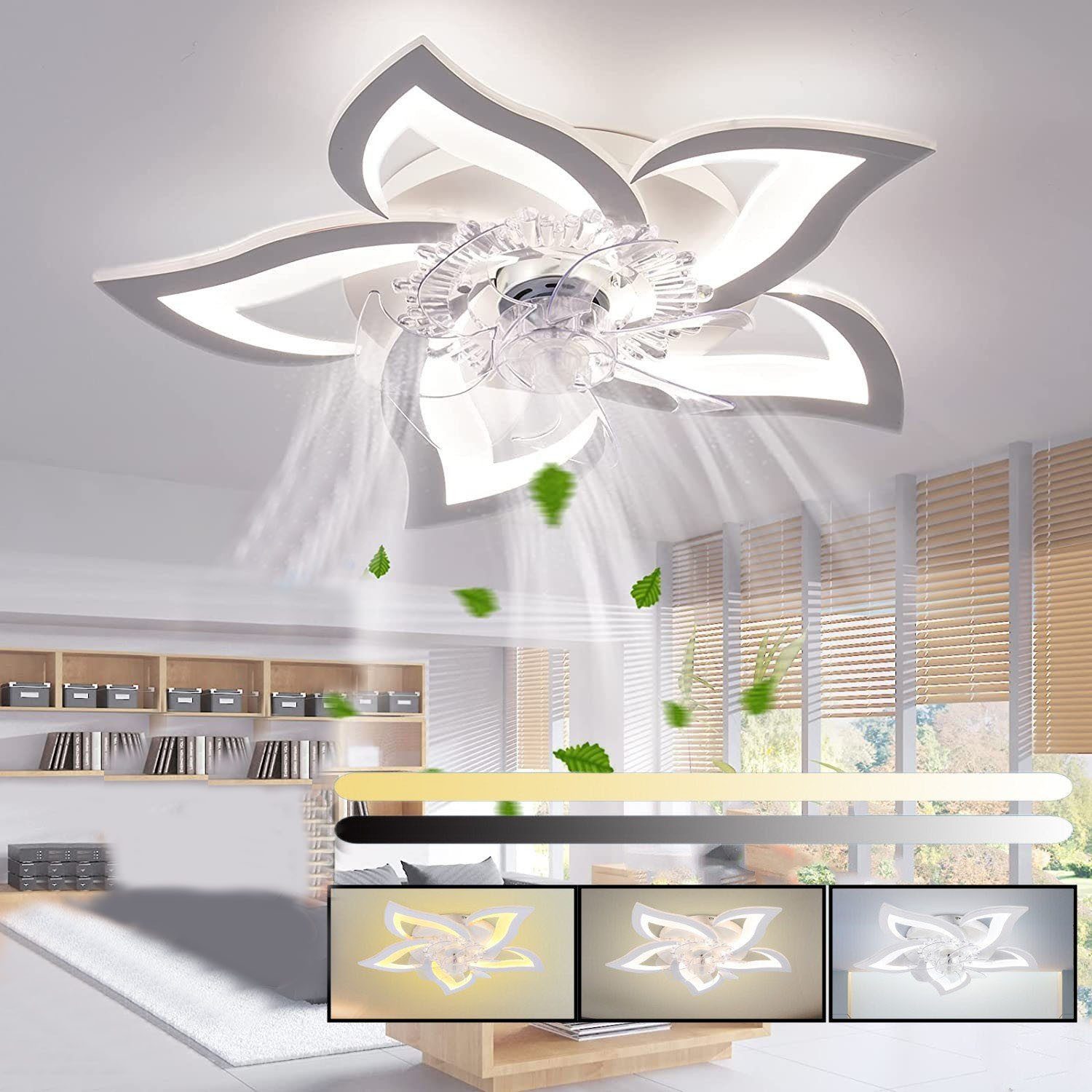 oyajia LED Deckenleuchte 75W Moderne LED-Deckenleuchte mit Lüfter, LED Deckenventilator, LED fest integriert, Kaltweiß/Naturweiß/Warmweiß, 3-Farbwechsel und 3 Geschwindigkeiten,Regelung der Innentemperatur