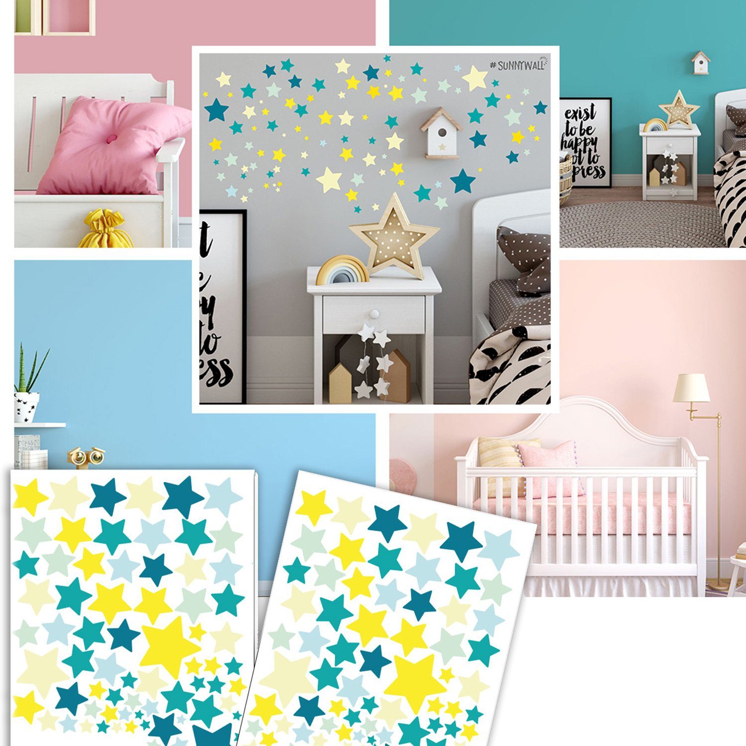 Sunnywall Wandtattoo Sterne Aufkleber Stars Wandsticker bunt, Sternenhimmel Wandtattoo, konturgeschnitten