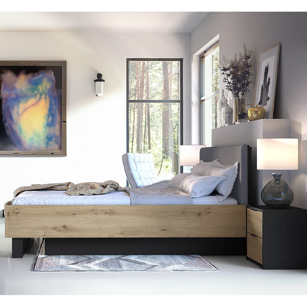 Lomadox Schlafzimmer-Set UTRECHT-166, (Spar-Set, 3-tlg., Bettgestell Nachttische), Bettanlage, Eiche & graphit, Bett 160x200cm, aufklappbares Lattenrost