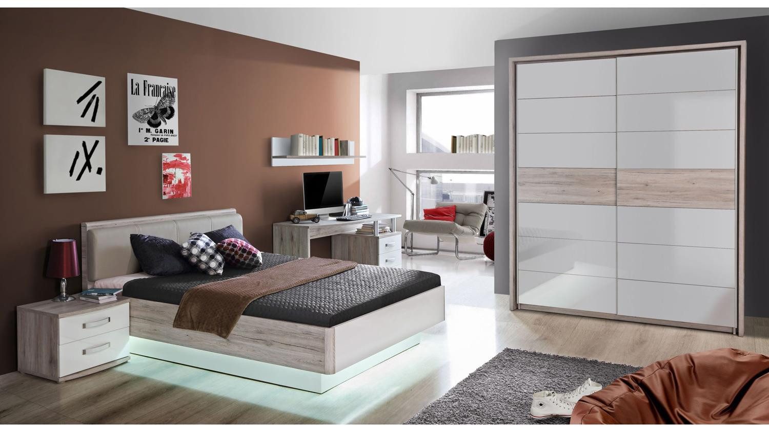 Forte Möbel Jugendbett Jugendzimmerbett Rondino Sandeiche und weiß Hochglanz 140x200 cm