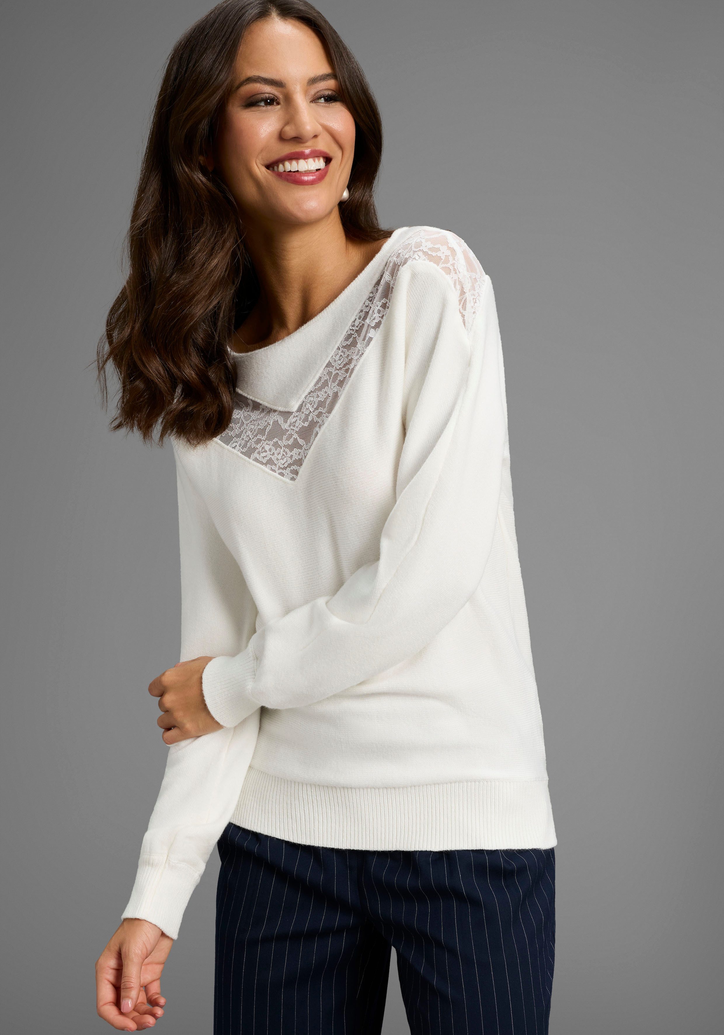 Laura Scott Strickpullover kuscheliger Winterstrick mit femininem Spitzenei günstig online kaufen