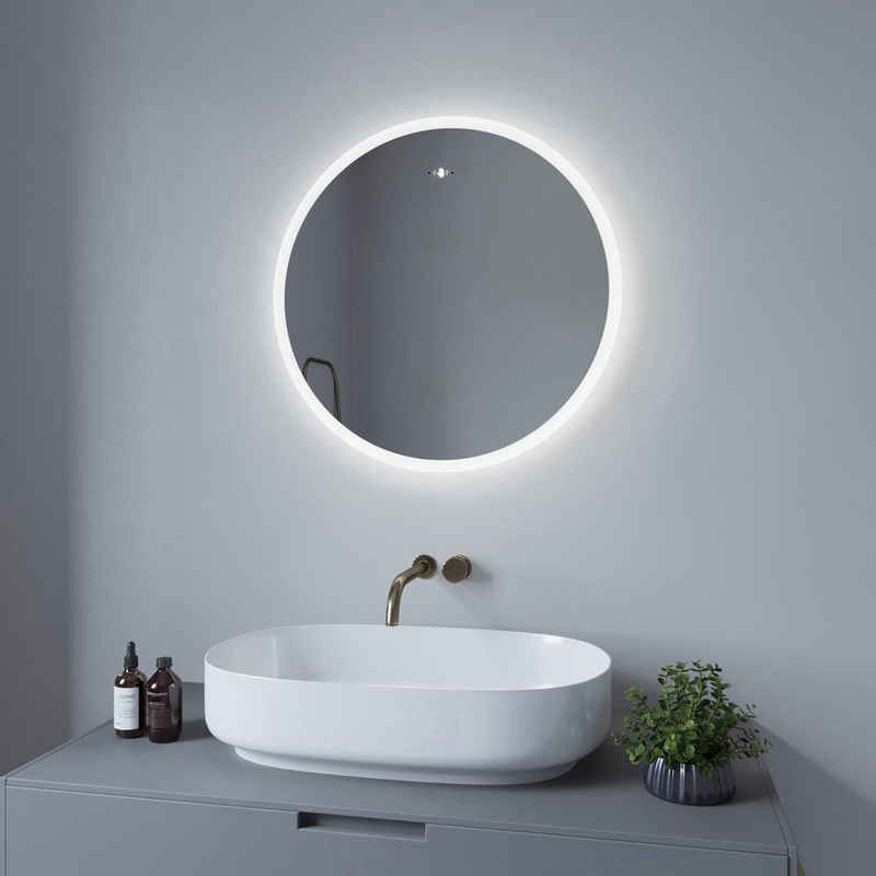 AQUALAVOS Badspiegel LED Rund Badspiegel mit Beleuchtung IR-Sensor Badezimmer Wandspiegel, Kaltweiß 6400K Lichtfarbe, Dimmbar, Energiesparend, Beschlagfrei