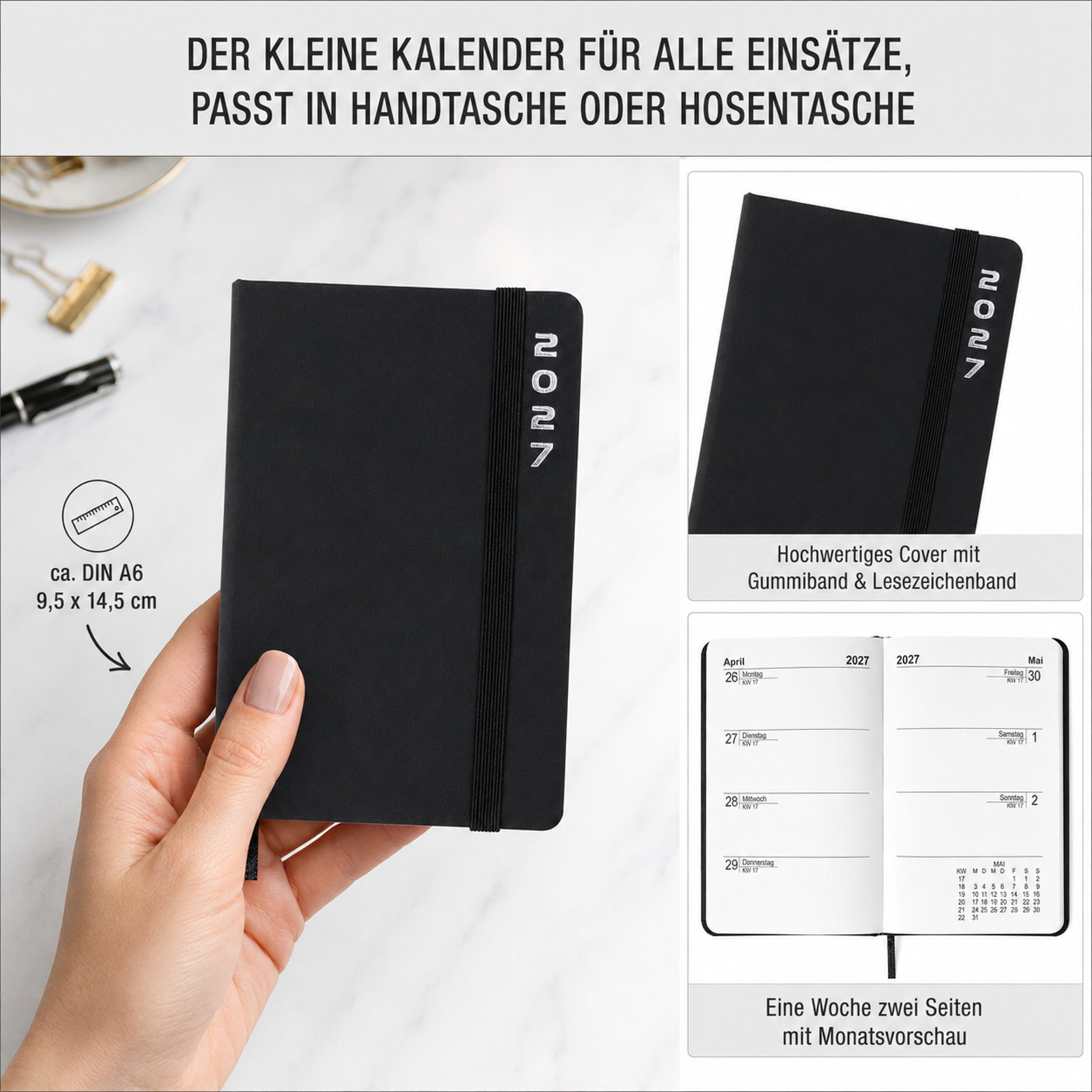 AMLI Taschenkalender Taschenkalender 2027 A6 mit Gummiband 1 Woche 2 Seiten Schwarz, Gummiband, Folienprägung, Leseband, Ferien & Feiertage – Bild 3 von 5