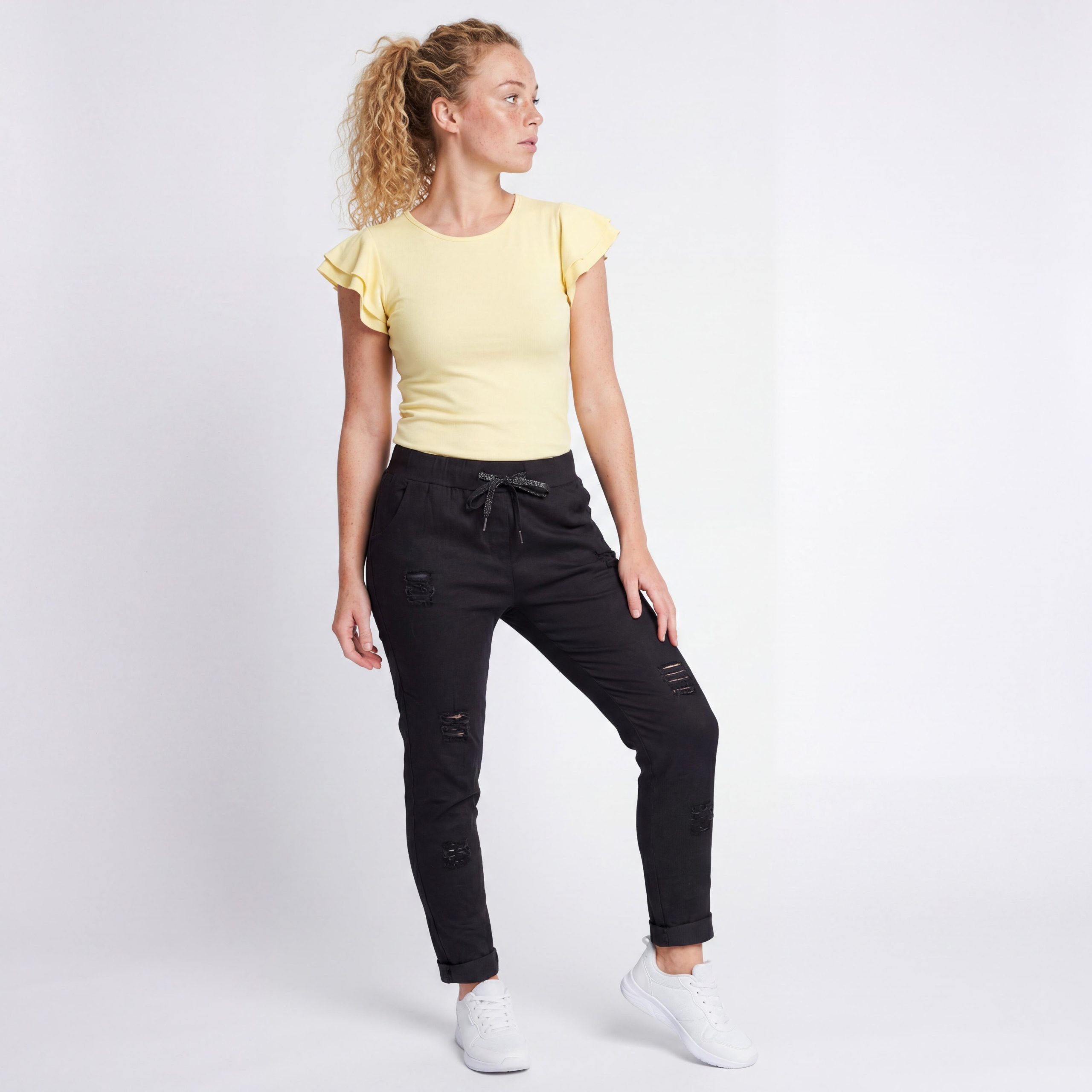 OriginalYou Chinohose Sommerliche Damenhose mit Kordelzug Chino Hose im Used Look moderner Knitterlook, Vintage, Gummibund mit Kordelzug