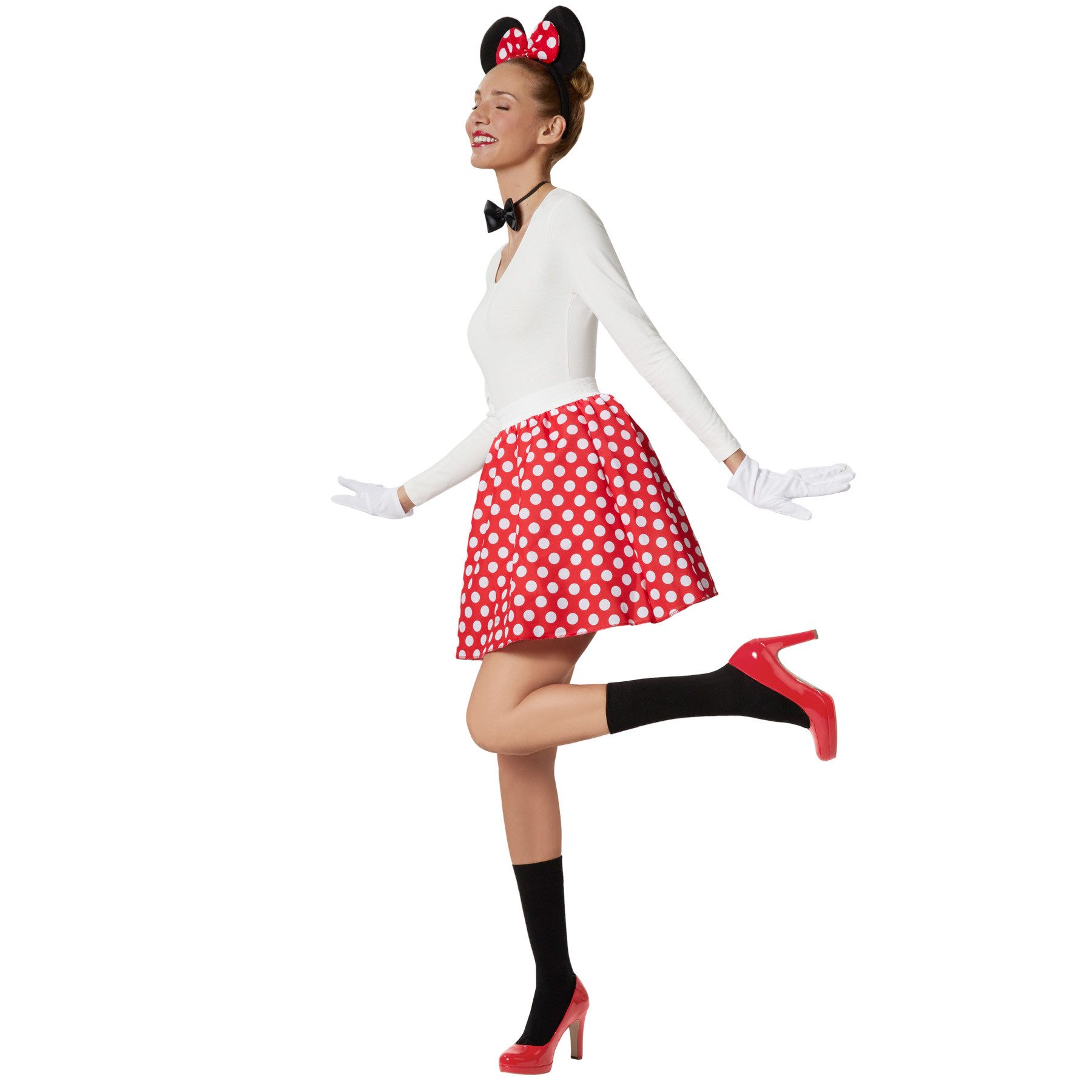 dressforfun Kostüm Damenkostüm, Kleid mit roten Punkten und passenden Accessoires.