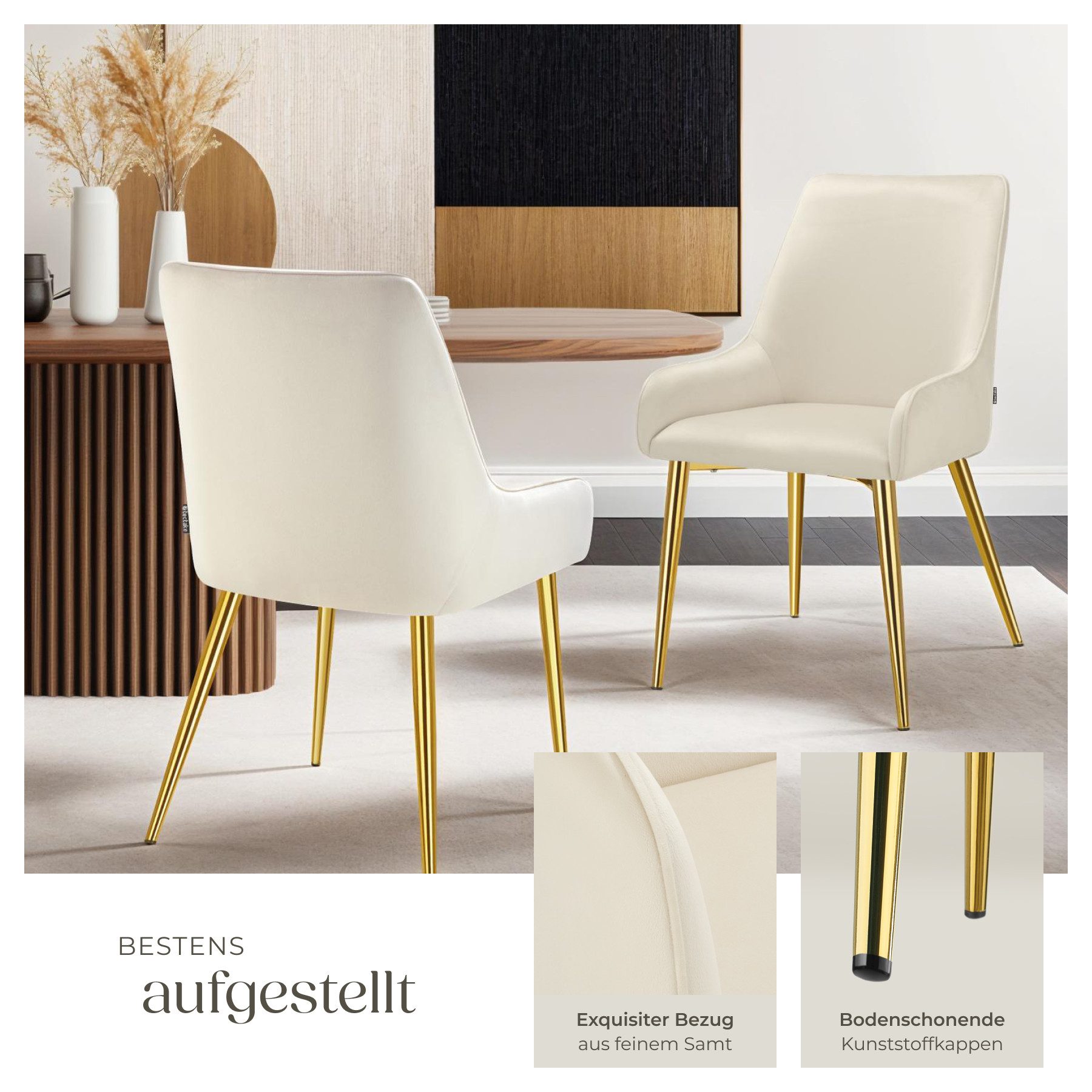 tectake Esszimmerstuhl Polsterstuhl in Samtoptik, gepolstert, 52 x 61 x 89 cm (Küchenstuhl Avane in beige, 2 St), pulverbeschichtete Stahlbeine, bodenschonend,  – Bild 4 von 5