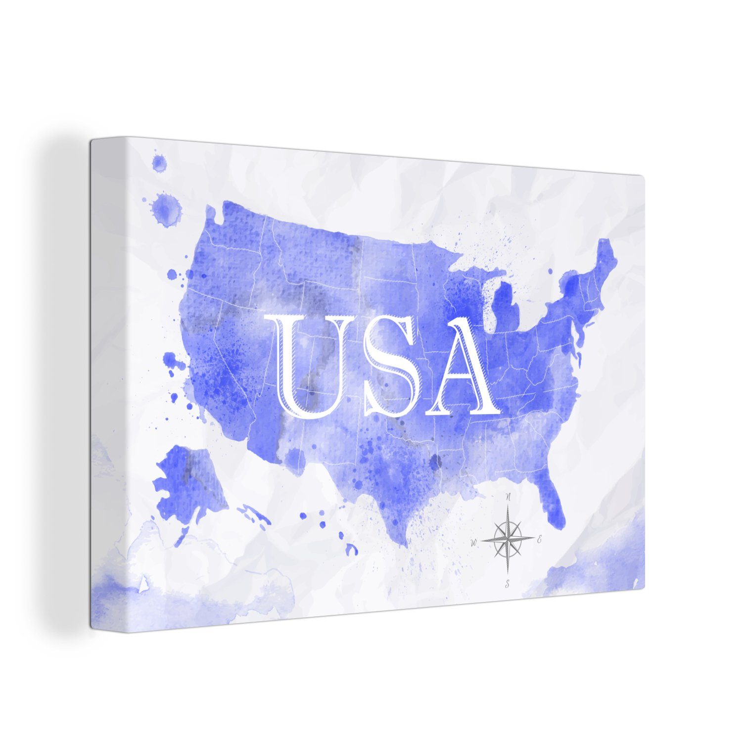 OneMillionCanvasses® Leinwandbild Vereinigte Staaten - Blau - Weltkarte, (1 St), Wandbild Leinwandbilder, Aufhängefertig, Wanddeko, 30x20 cm