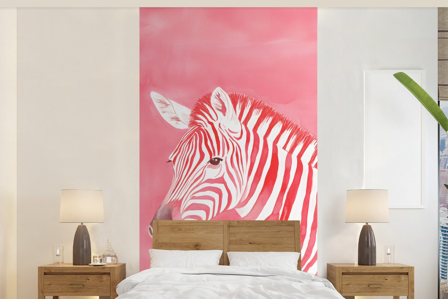 MuchoWow Fototapete Zebra - Rosa - Farbe, Matt, bedruckt, Vliestapete für Wohnzimmer Schlafzimmer Küche, Fototapete, 120x240 cm
