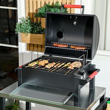 Outsunny Holzkohlegrill Campinggrill mit Grillrost, Kohleschale, Thermometer, Tischholzgrill, Tischgrill, für Picknick, Garten, Schwarz, 68,5 x 50 x 54 cm