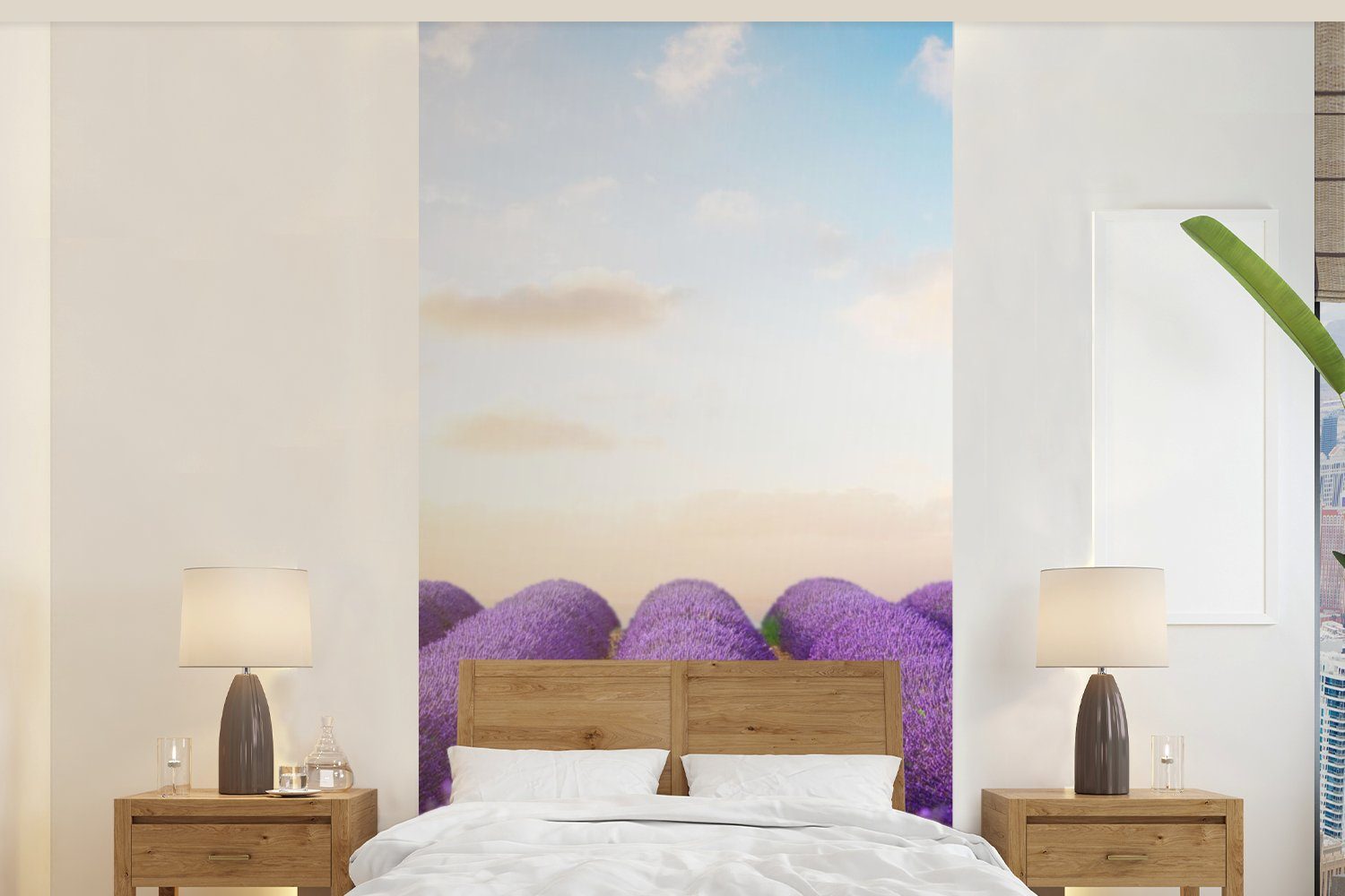 MuchoWow Fototapete Lavendel - Himmel - Wolken - Blumen, Matt, bedruckt, (2 St), Vliestapete für Wohnzimmer Schlafzimmer Küche, Fototapete