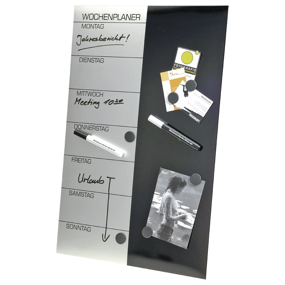 GENIE Wochenplan Wochenplaner, Schreibtafel, Stifte, Magnete, Wandbefestigung 57 x 37 cm, Magnettafel, Whiteboard, Wandtafel, grau/schwarz