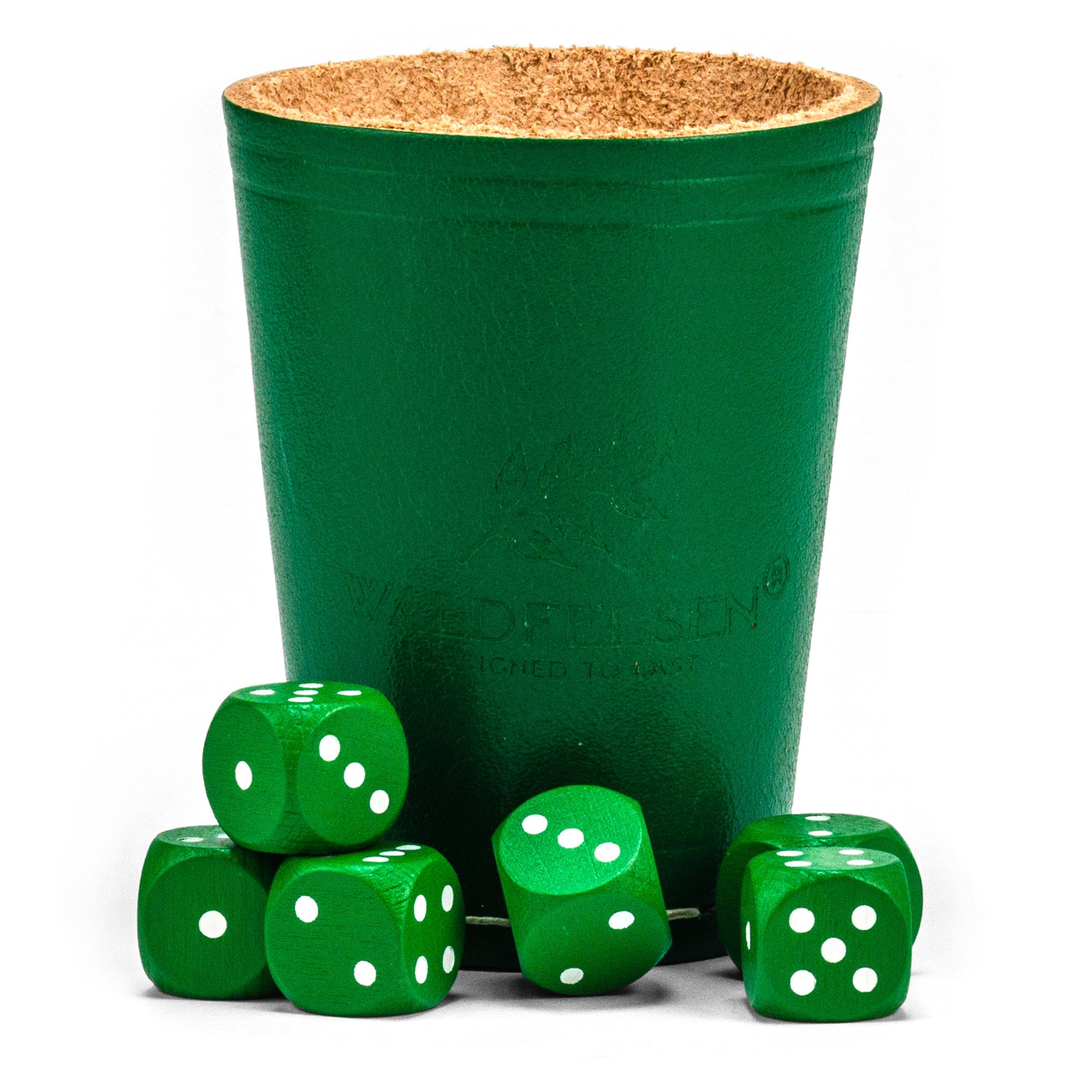 Waldfelsen Spiel – Echtleder Würfelbecher (9 cm) mit 6 Würfeln (16 mm) aus Buchenholz, Würfelspiel, Verschiedene Farben