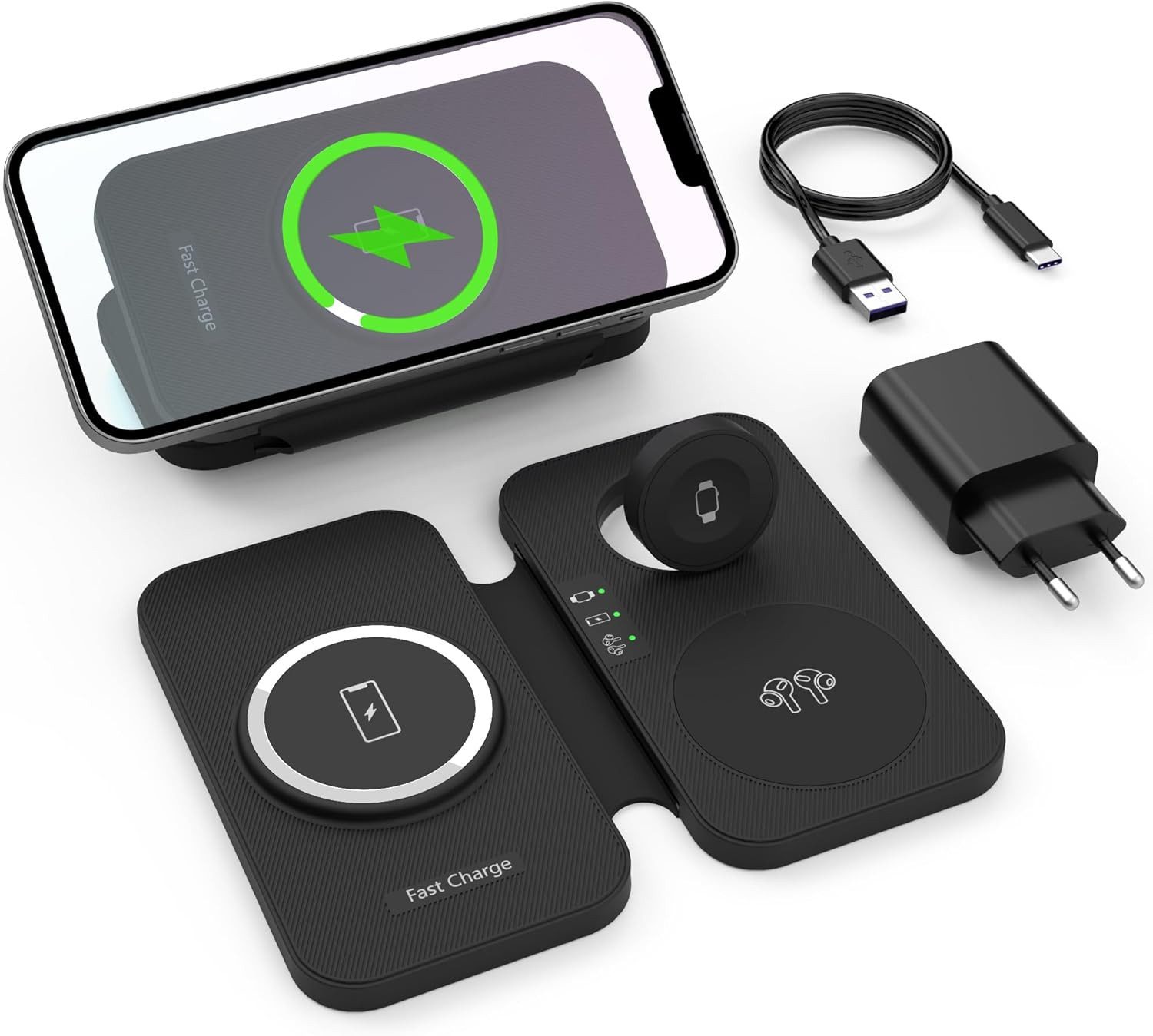 LA CUTE 3-in-1 MagSafe Faltbares Ladegerät mit 15W Schnellladung und USB-C Wireless Charger (Faltbares 3-in-1 MagSafe Wireless Ladegerät mit Netzteil und USB-C Kabel, 3-in-1 MagSafe Ladegerät 15W Schnellladung, faltbar, inkl. Netzteil, Faltbare Ladestation,18W Quick Charge Netzteil, USB-A auf USB-C Kabel)