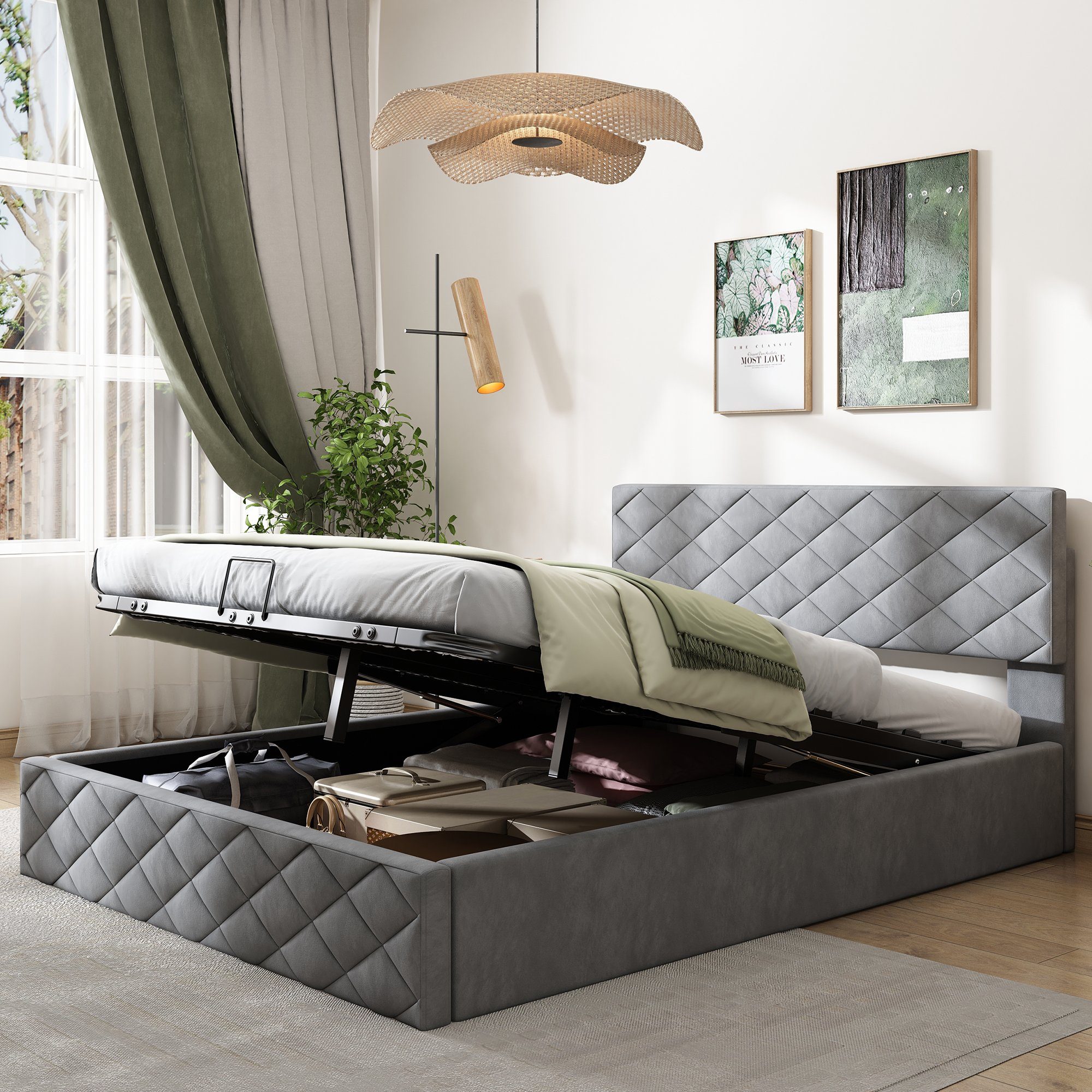 Boxspringbett, Hydraulisches Funktionsbett Polsterbett mit Lattenrost und Bettkasten 140x200cm Doppelbett, Grau Samtbezug, Lattenrost aus Holz