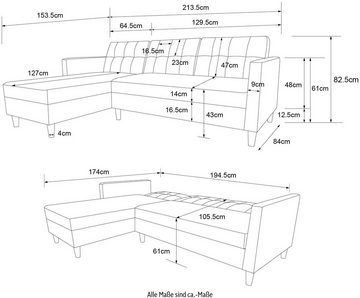 Dorel Home Ecksofa Hartford, L-Form, mit Bettfunktion und Stauraum, Recamiere beidseitig montierbar