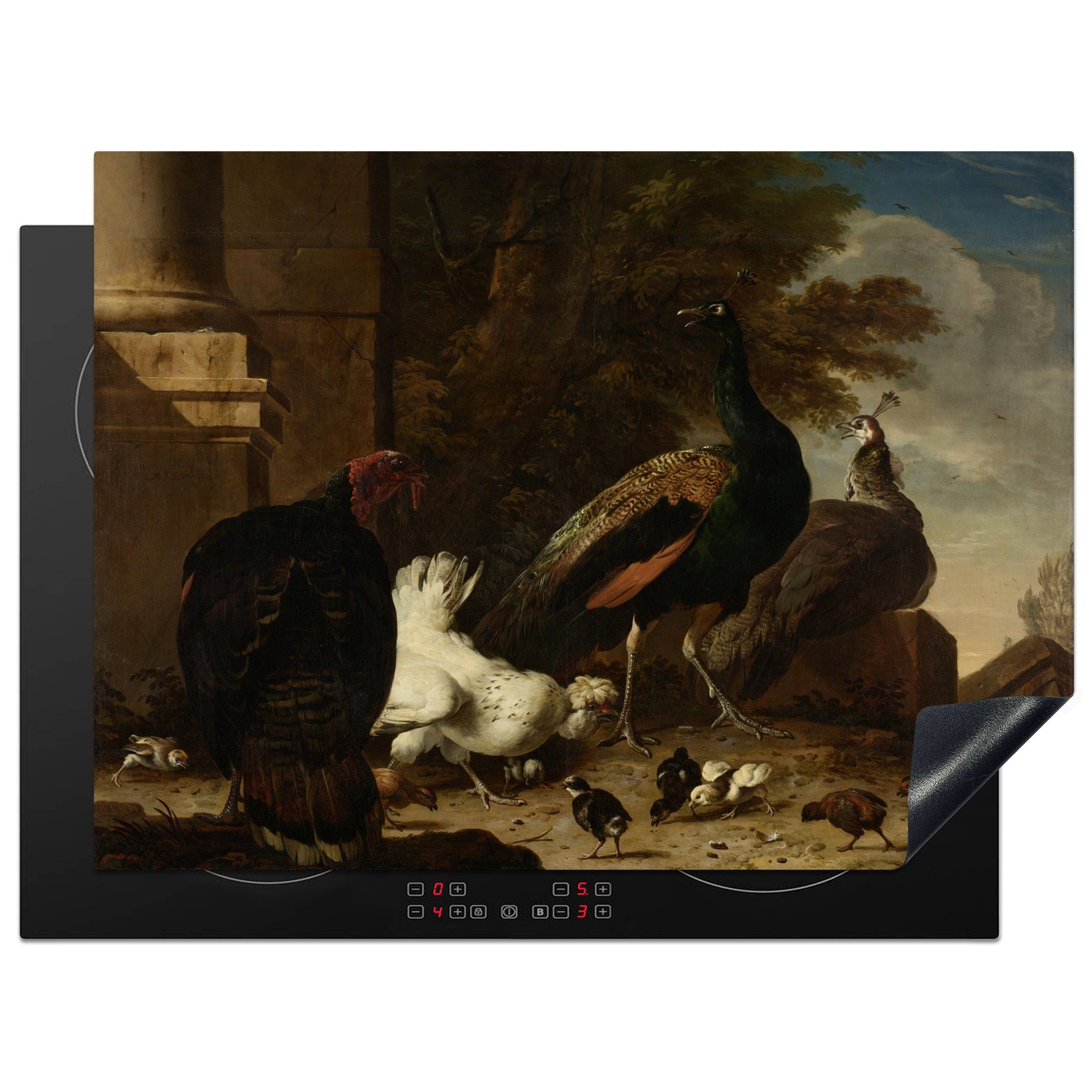 MuchoWow Herdblende-/Abdeckplatte Eine Henne mit Pfauen und einem Truthahn - Gemälde von Melchior, Vinyl, (1 tlg), 70x52 cm, Mobile Arbeitsfläche nutzbar, Ceranfeldabdeckung