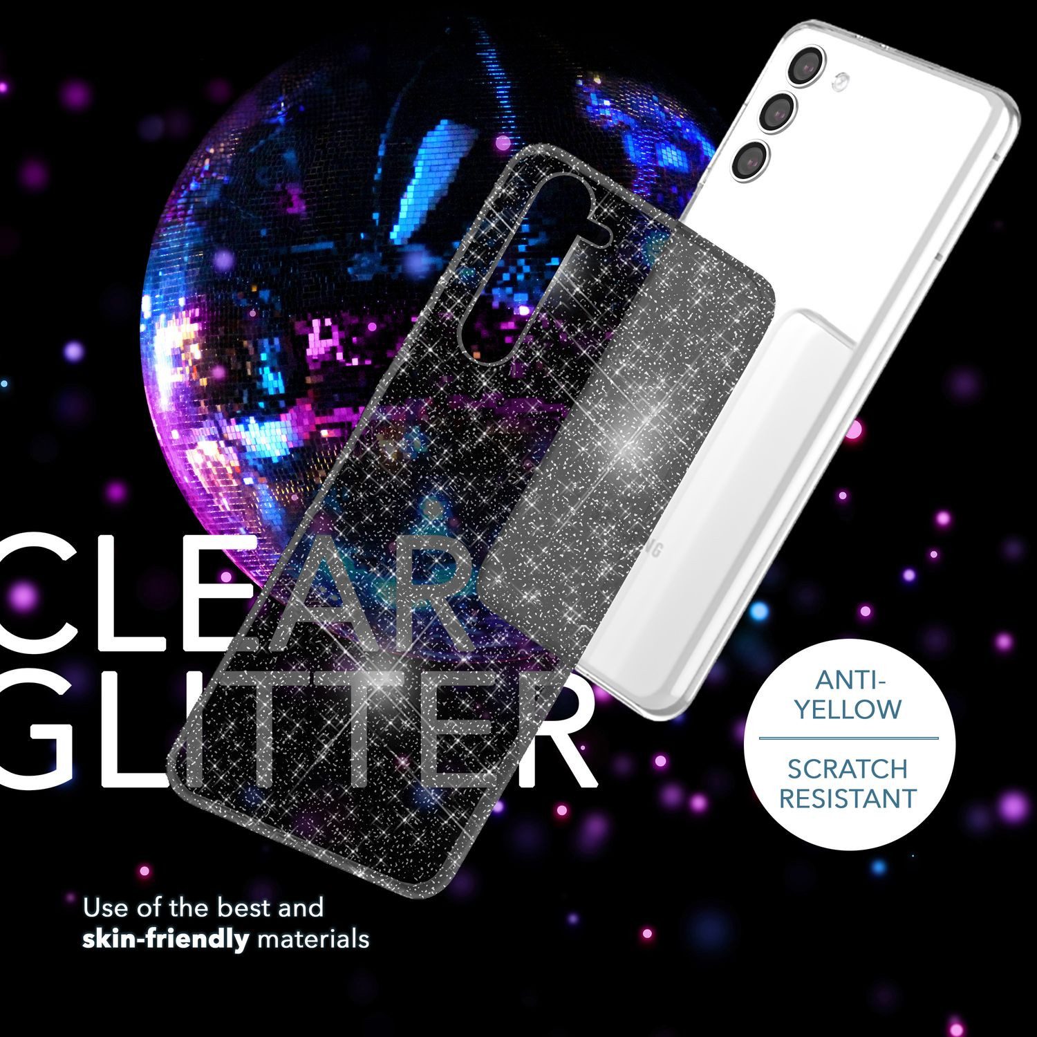 Nalia Smartphone-Hülle Samsung Galaxy S23 15,5 cm (6,1 Zoll), Klare Glitzer Silikon Hülle / 2x Display- & Kameraschutz / Bling Cover