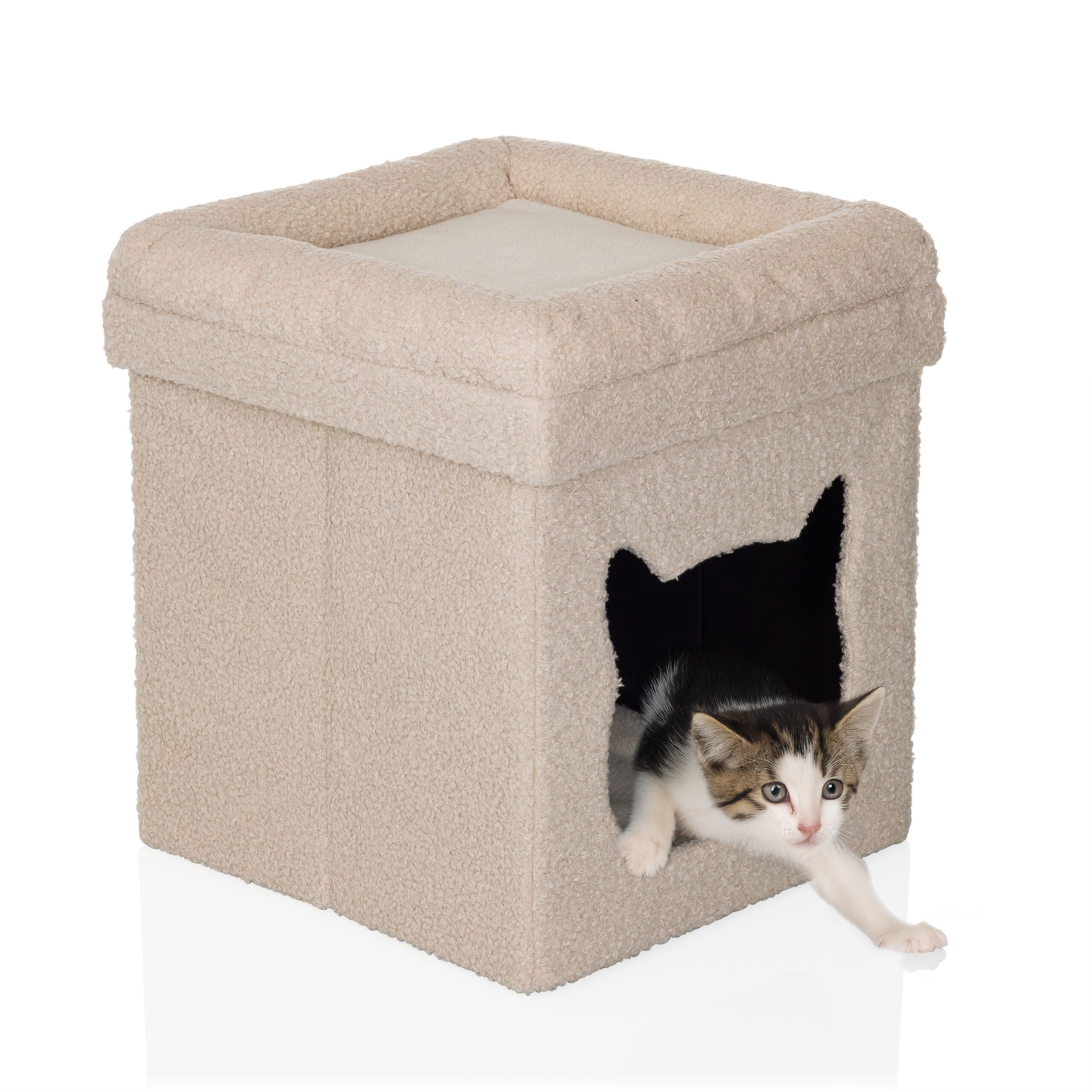 hjh LIVING Tierhaus Katzenhaus Pawy Es Stoff, Faltbares Katzenbett, Robuster Bouclé-Stoff, inkl. Teddy-Kissen