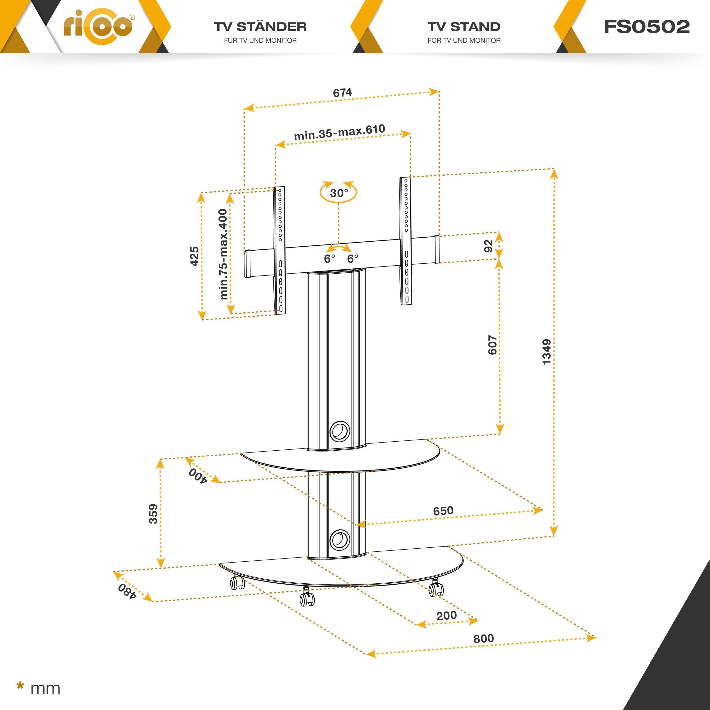 RICOO FS0502 TV-Ständer, (bis drehbar) TV Rollen 55 Fernseher schwenkbar Zoll, rollbar mit Standfuß Stativ