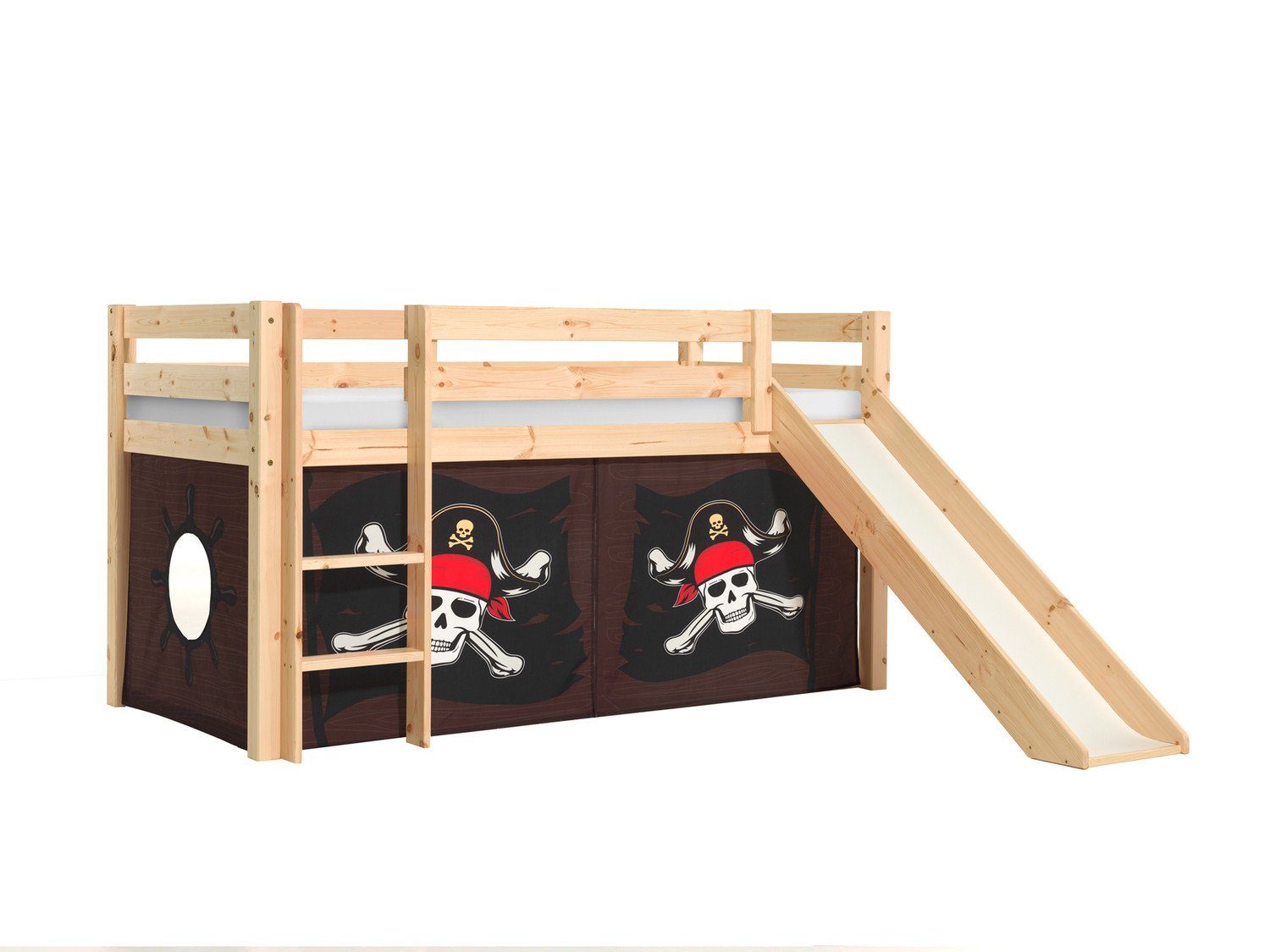 Natur24 Kinderbett Halbhohes Bett Pirat Pino mit Rutsche und Textilset Kiefer Natur lackiert
