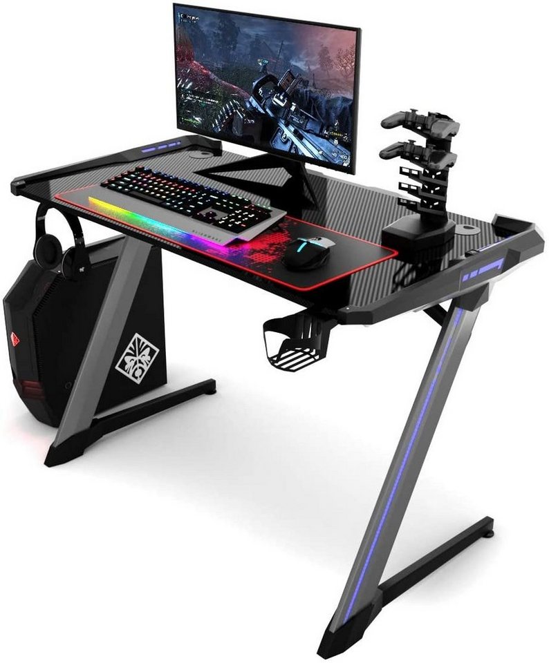 Gaming Tisch mit Led 140cm PC Tisch Carbonfaser-Optik Schreibtisch Gamertisch