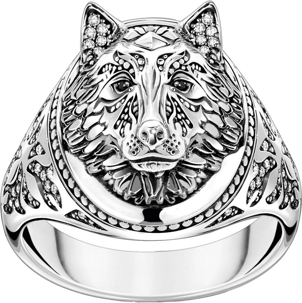THOMAS SABO Siegelring Wolf-Optik mit Steinen Silber, mit Zirkonia (synth)