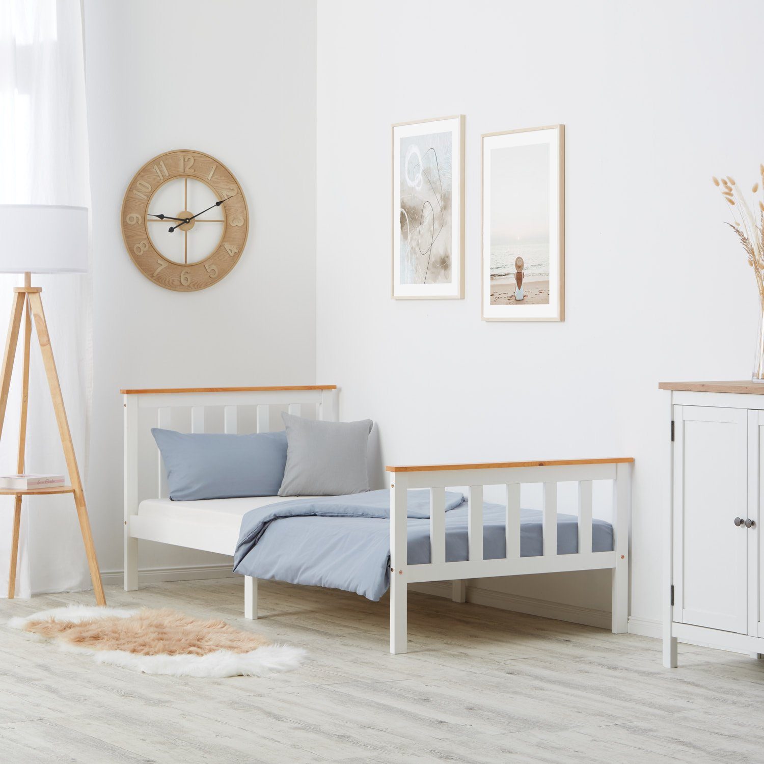 Homestyle4u Holzbett 90x200 140x200 70x140 mit Lattenrost Jugendbett Weiß/Natur schlicht (Set, mit Lattenrost), mit Kopfteil